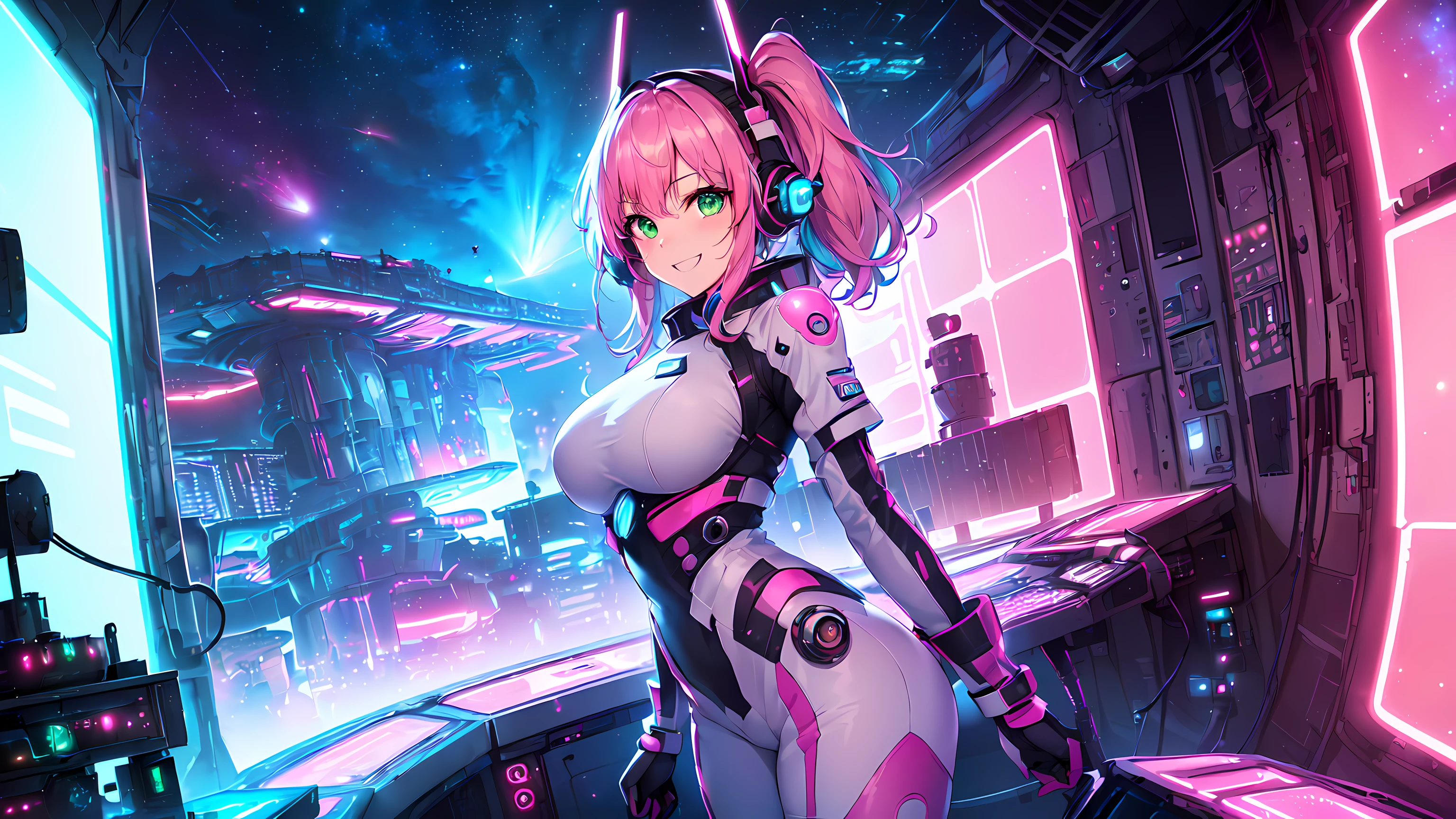 Highest image quality, Excellent details, ultra high resolution, (realism: 1.4), best illustrations, Offer details, Highly concentrated 1girl, fox ears,Has a delicate and beautiful face, Wearing pink mecha, Wearing a mecha helmet, holding direction controller, riding a motorcycle, The background is a high-tech light scene of a futuristic city.