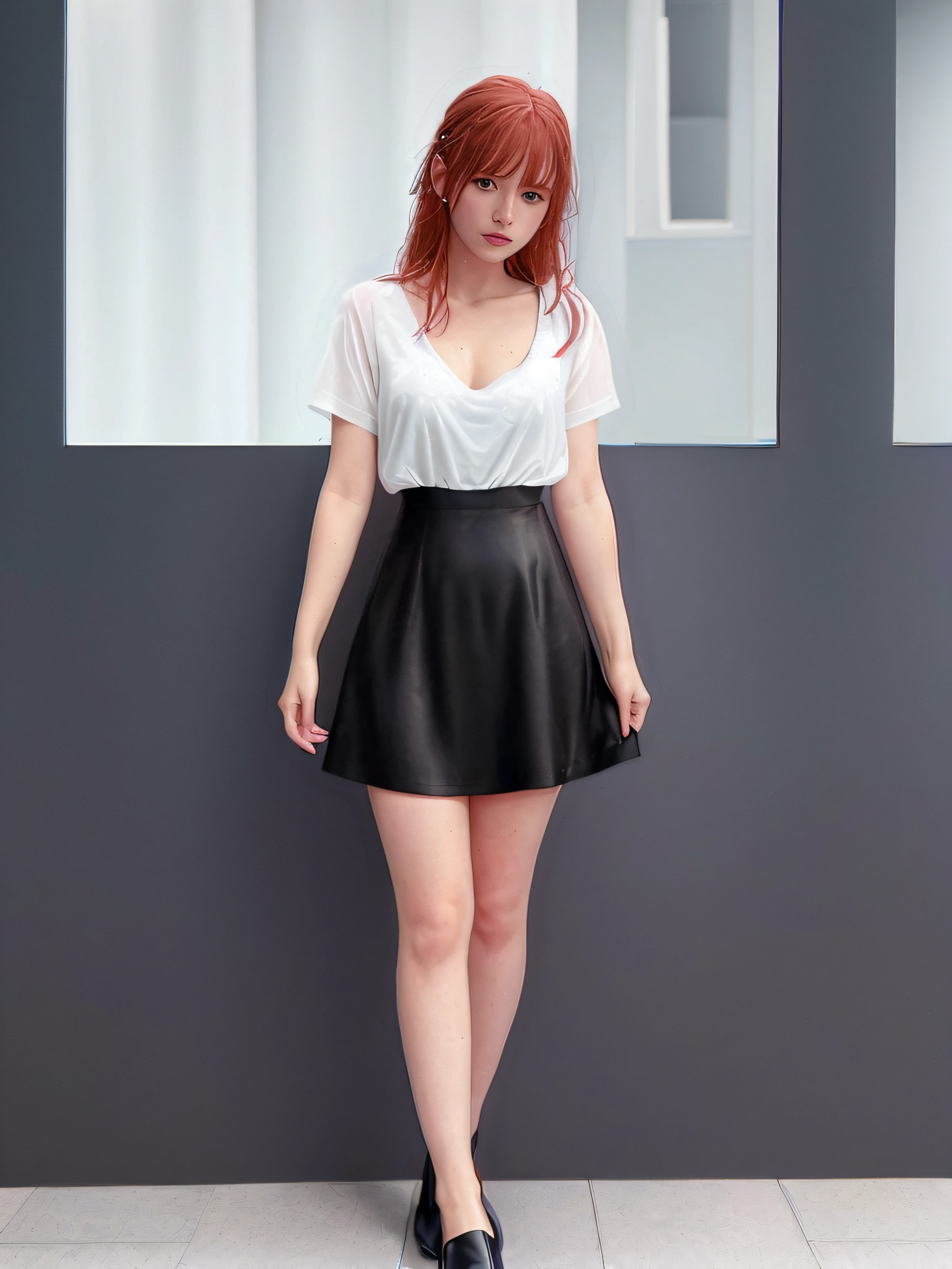a portrait of a (soaking wet of a milk:1.2), blue mini dress, black hip pantyhose, black cloth shoes, full body, redhead, freckles teacher,[ :  V-neck white shirt: 5], visible  through the white top t-shirt, slate atmosphere, cinematic, dimmed colors, dark shot, muted colors, film grainy, lut, insane details, intricate details, hyperdetailed, closeup, twilight