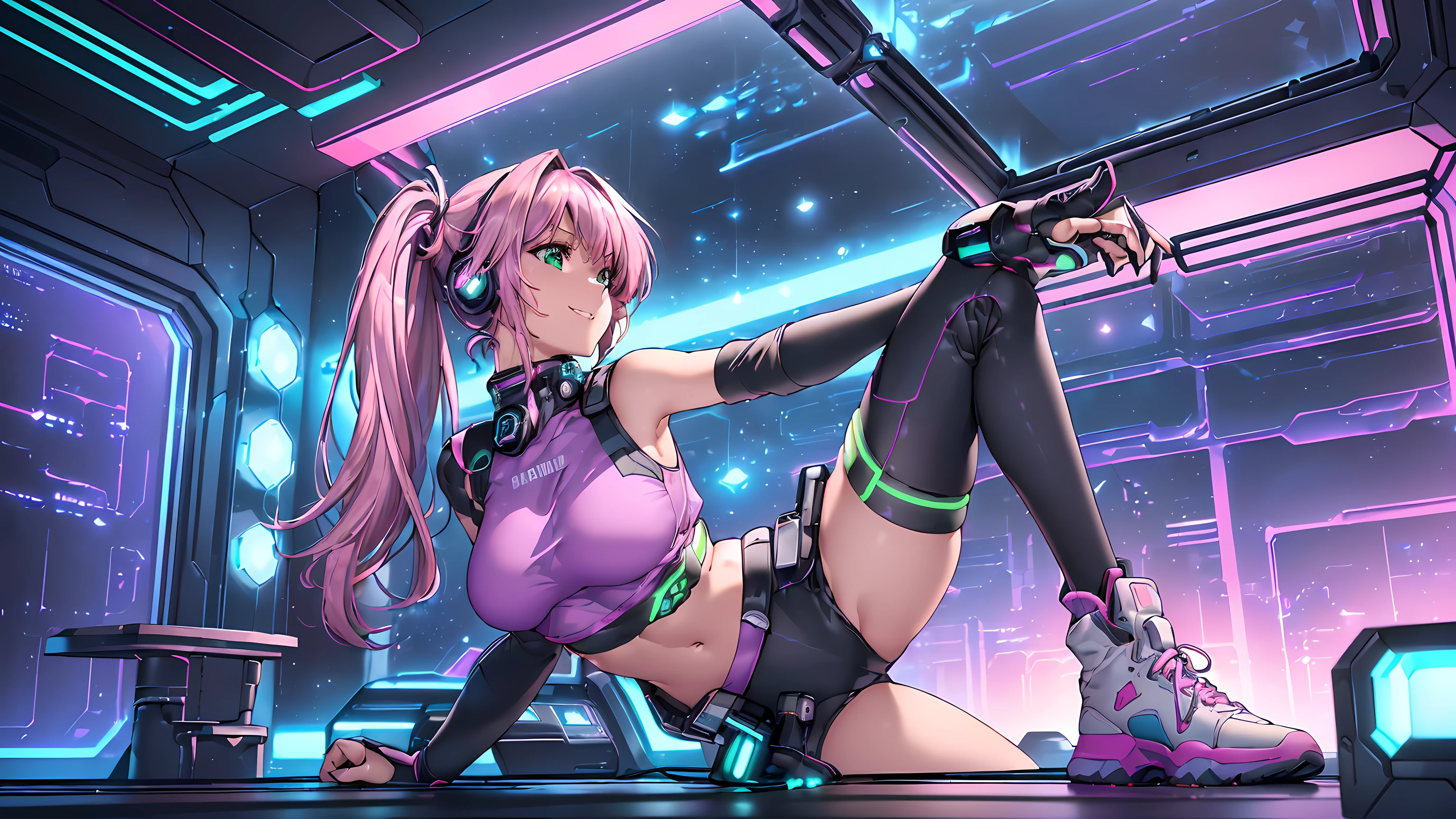 ​best quality, ultra high res, 8k, masterpiece:1.4, 1girl ((20year old, dressed in purple tight crop top, tight black shorts, sneakers, medium breasts, multicolor pink hair, twin ponytails, perfect model body, green eyes:1.4, Wearing headphones, flirting, happy, big smile, Looking out of a Futuristic Sci-Fi Space Station windows staring out to a beautiful galaxy:1.2, sci-fi control room in the background at night:1.1, neon and energetic atmosphere:1.2)) ((galaxy)) ((solo:1.6))