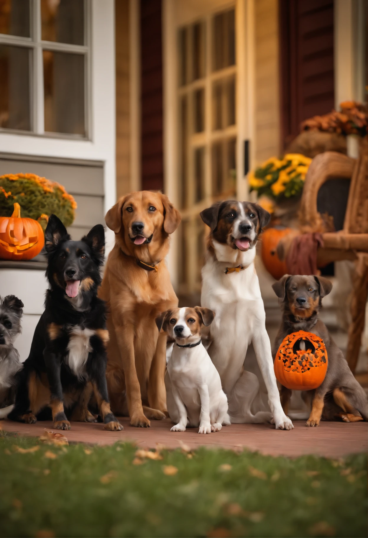 A group of real dogs dressed up for Halloween sitting on a front porch with a bowl of dog treats.