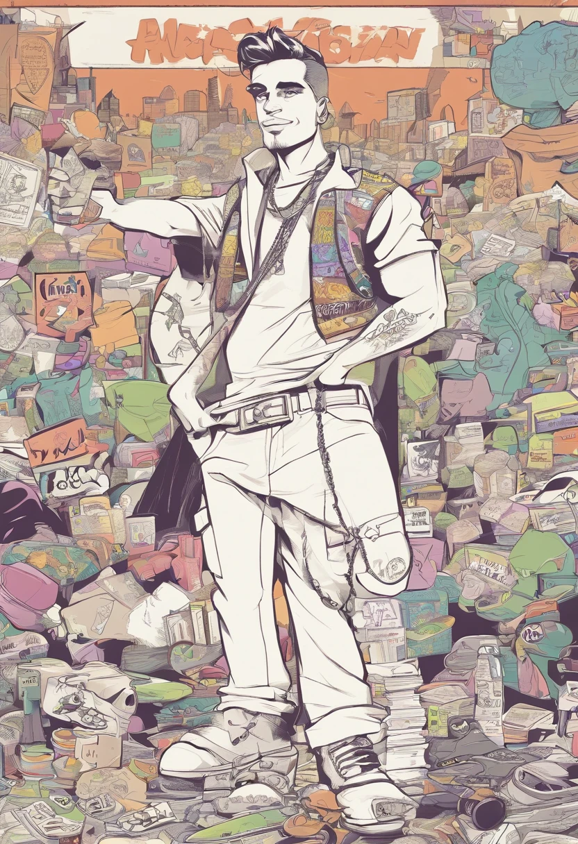 Make a pixar-style poster. The character is a young white man, With the hand making a rock and roll symbol, And a tattooed arm, ele tem cavanhaque preto e bigode, uma tampa de aba reta, Estilo Nova Era, com a letra P em verde claro e uma grande camisa estilo quadril. hop, com um toque de tinta. no impresso, roxo e verde, Black Hip Hop Style Baggy Pants, white sneakers. fundo do graffiti, colorido, Escrito,Pluto.