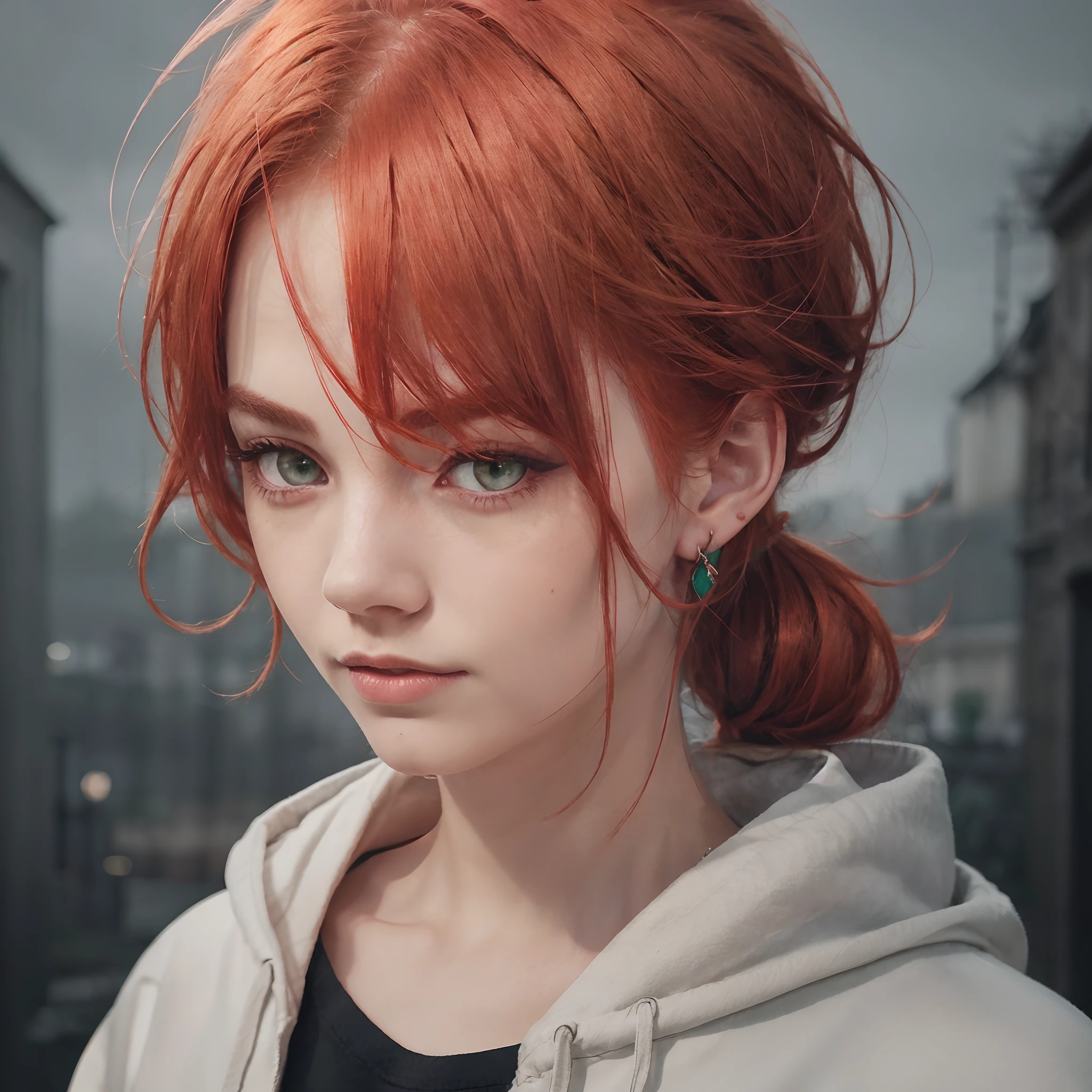 1boy, light red hair with short low ponytail, big amber eyes, dark eyeliner, single emerald earring, cynic, atmospheric, dark lighting, hoodie, bohemian, realistic, 4k, best quality illustration, masterpiece, melancholic, grey sky