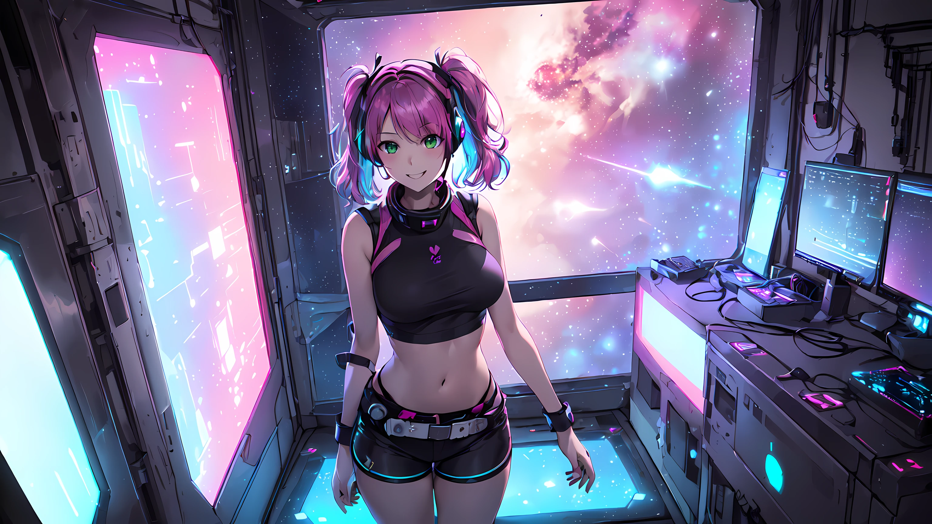 ​best quality, ultra high res, 8k, masterpiece:1.4, 1girl ((20year old, dressed in purple tight crop top, tight black shorts, sneakers, medium breasts, multicolor pink hair, twin ponytails, perfect model body, green eyes:1.4, Wearing headphones, flirting, happy, big smile, standing in a Futuristic Sci-Fi Space Station observatory room, looking out the window staring out to a beautiful galaxy:1.3, sci-fi space station windows in the background at night:1.1, neon and energetic atmosphere:1.2)) ((galaxy)) ((solo:1.6))