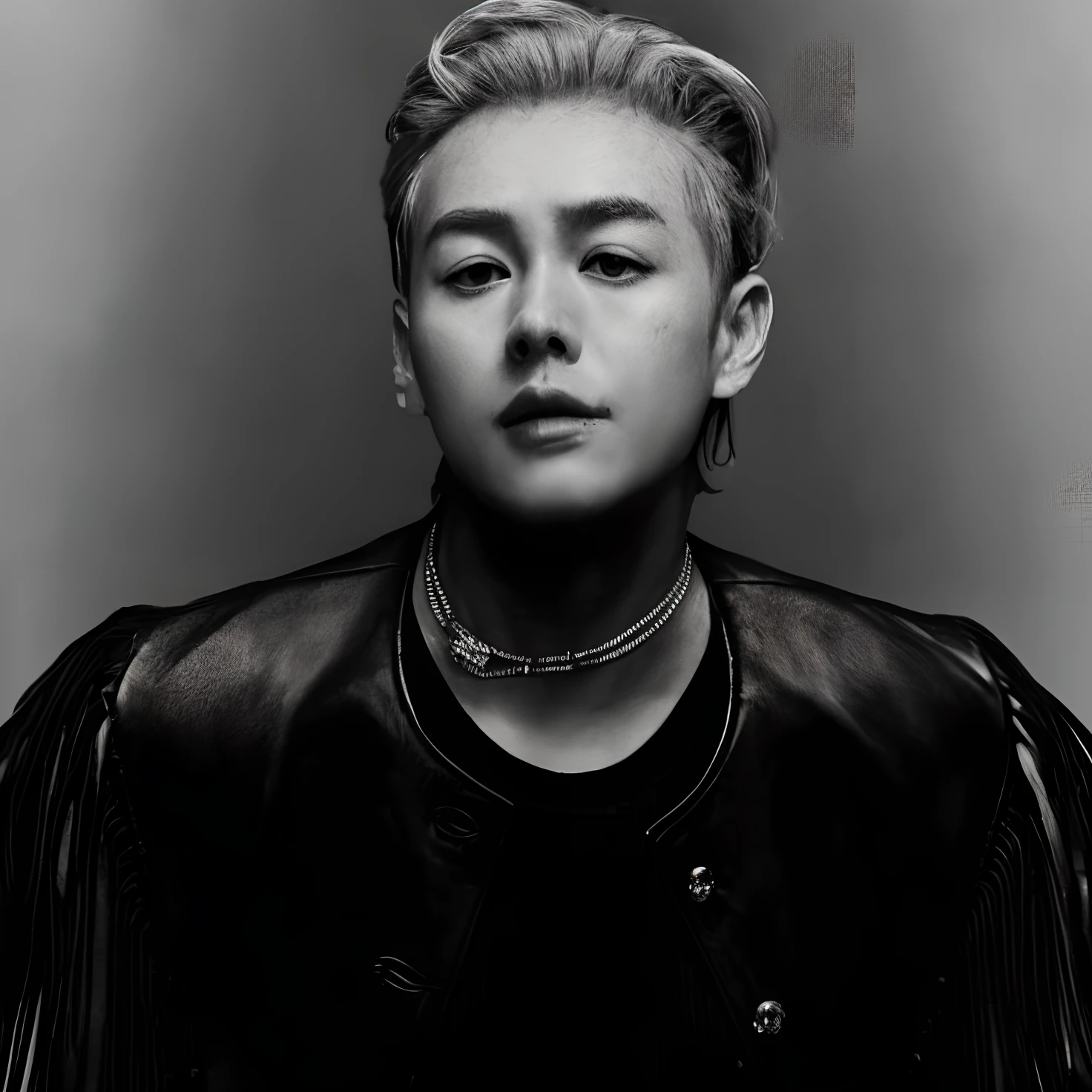 arafed image of a man with a leather jacket and a necklace, cai xukun, glossy from rain, steven jung, inspired by Xia Yong, portrait of kpop idol, hyung tae, hedi slimane, asher duran, inspired by Yanjun Cheng, inspired by jeonseok lee, inspired by Yang J, portrait of jossi of blackpink
