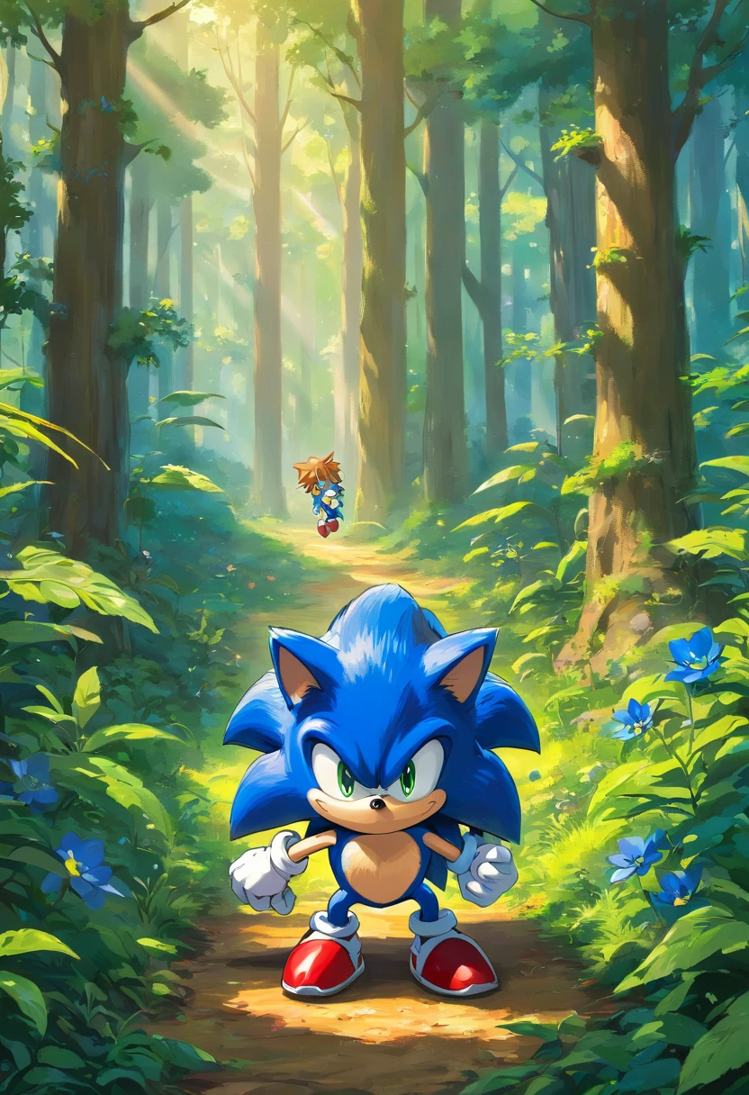 sonic the hedgehog,em uma floresta sombria,batalhando contra um faker sonic com tom de pele mais escura