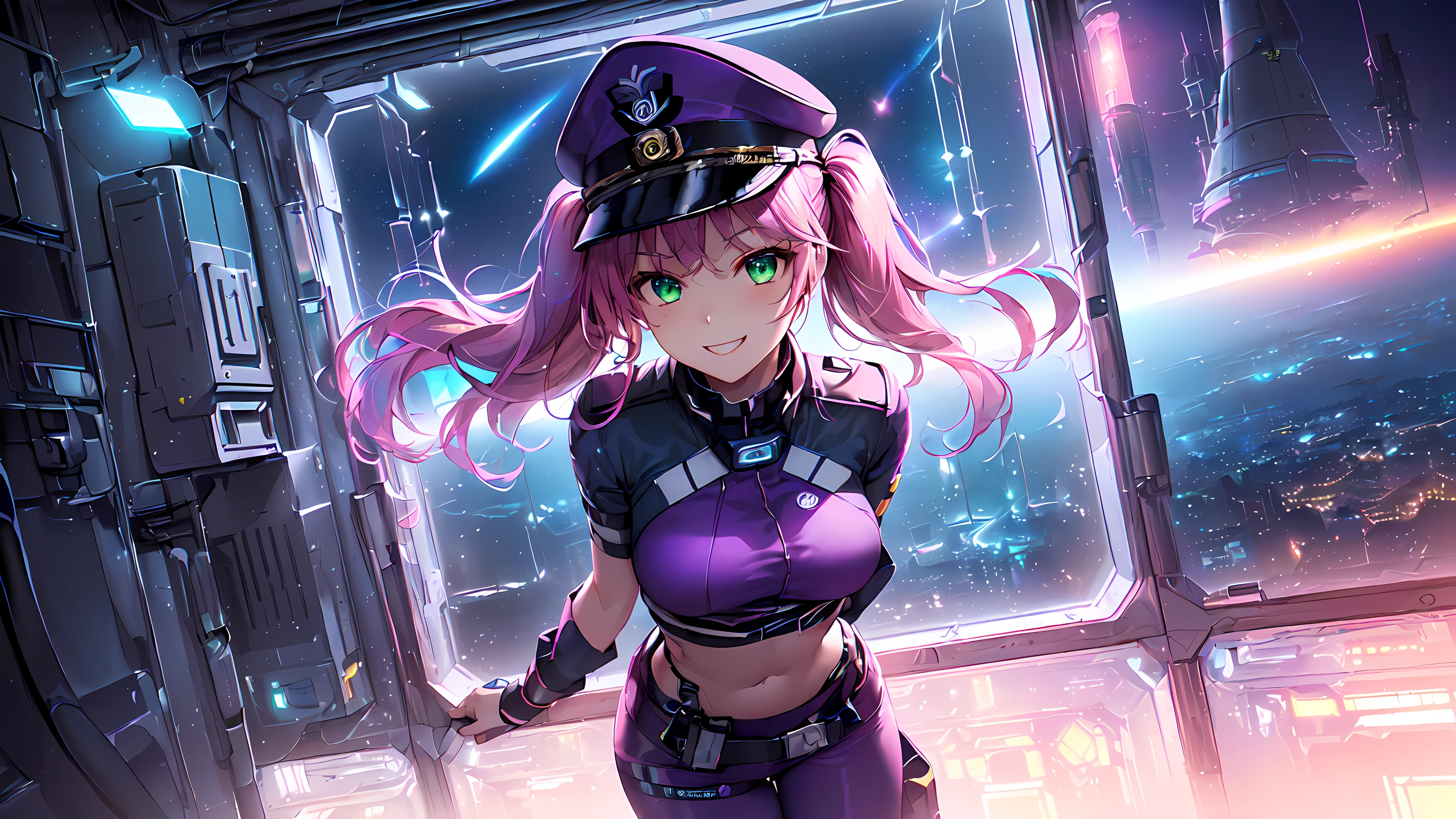 masterpiece:1.4, 1girl ((20year old, dressed in a Futuristic purple military uniform tight crop top, tight futuristic military pants, boots, medium breasts, multicolor pink hair, twin ponytails, perfect model body, green eyes:1.4, Wearing a military hat, flirting, happy, big smile, standing in a Futuristic Sci-Fi Space Station observatory room, looking out the window staring out to a beautiful galaxy:1.3, sci-fi space station windows in the background at night:1.1, neon and energetic atmosphere:1.2)) ((galaxy)) ((solo:1.6)) ((low camera angle))