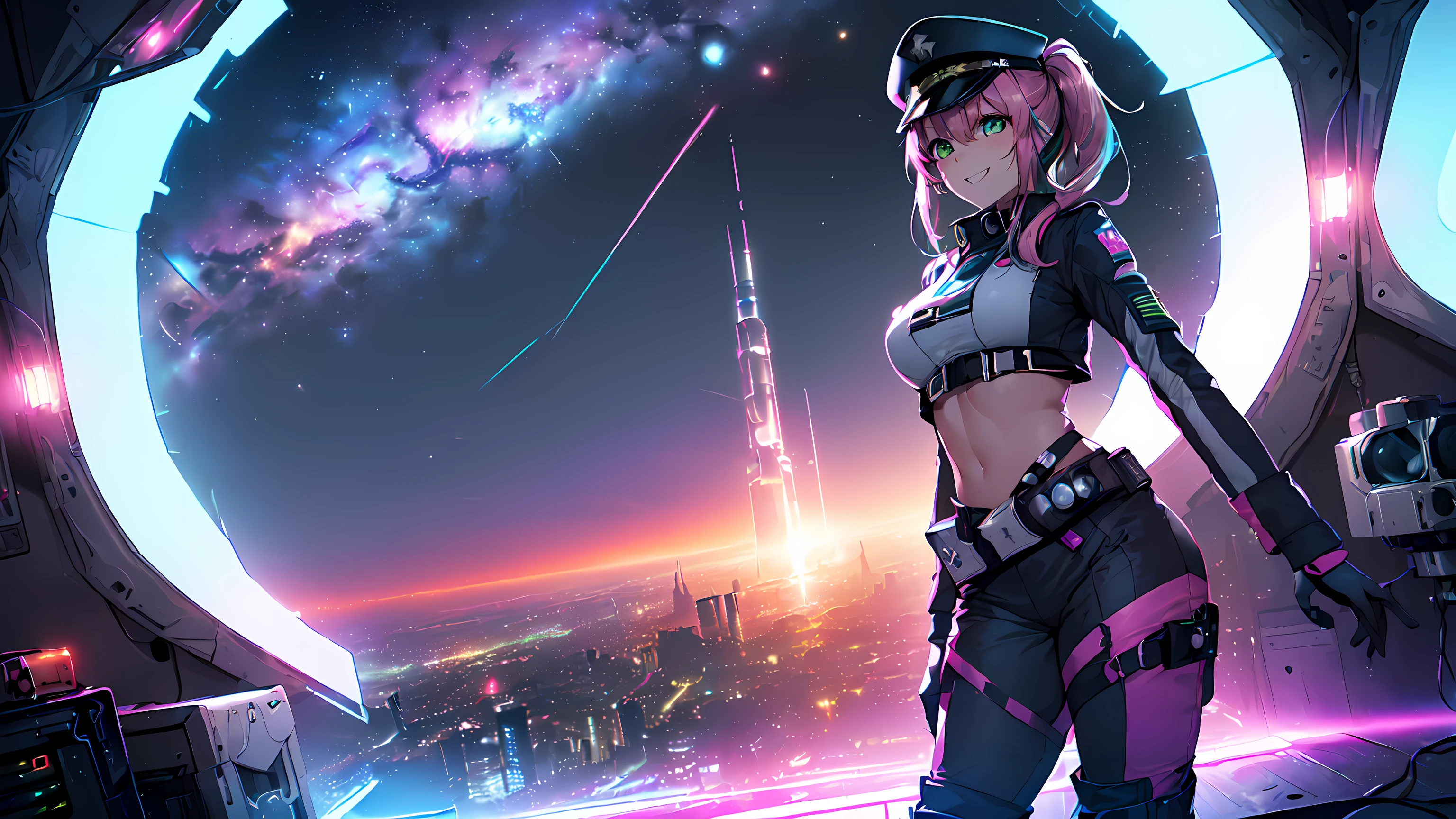 masterpiece:1.4, 1girl ((20year old, dressed in a Futuristic purple military uniform tight crop top, tight futuristic military pants, boots, medium breasts, multicolor pink hair, twin ponytails, perfect model body, green eyes:1.4, Wearing a military hat, flirting, happy, big smile, standing in a Futuristic Sci-Fi Space Station observatory room, looking out the window staring out to a beautiful galaxy:1.3, sci-fi space station windows in the background at night:1.1, neon and energetic atmosphere:1.2)) ((galaxy)) ((solo:1.6)) ((low camera angle))