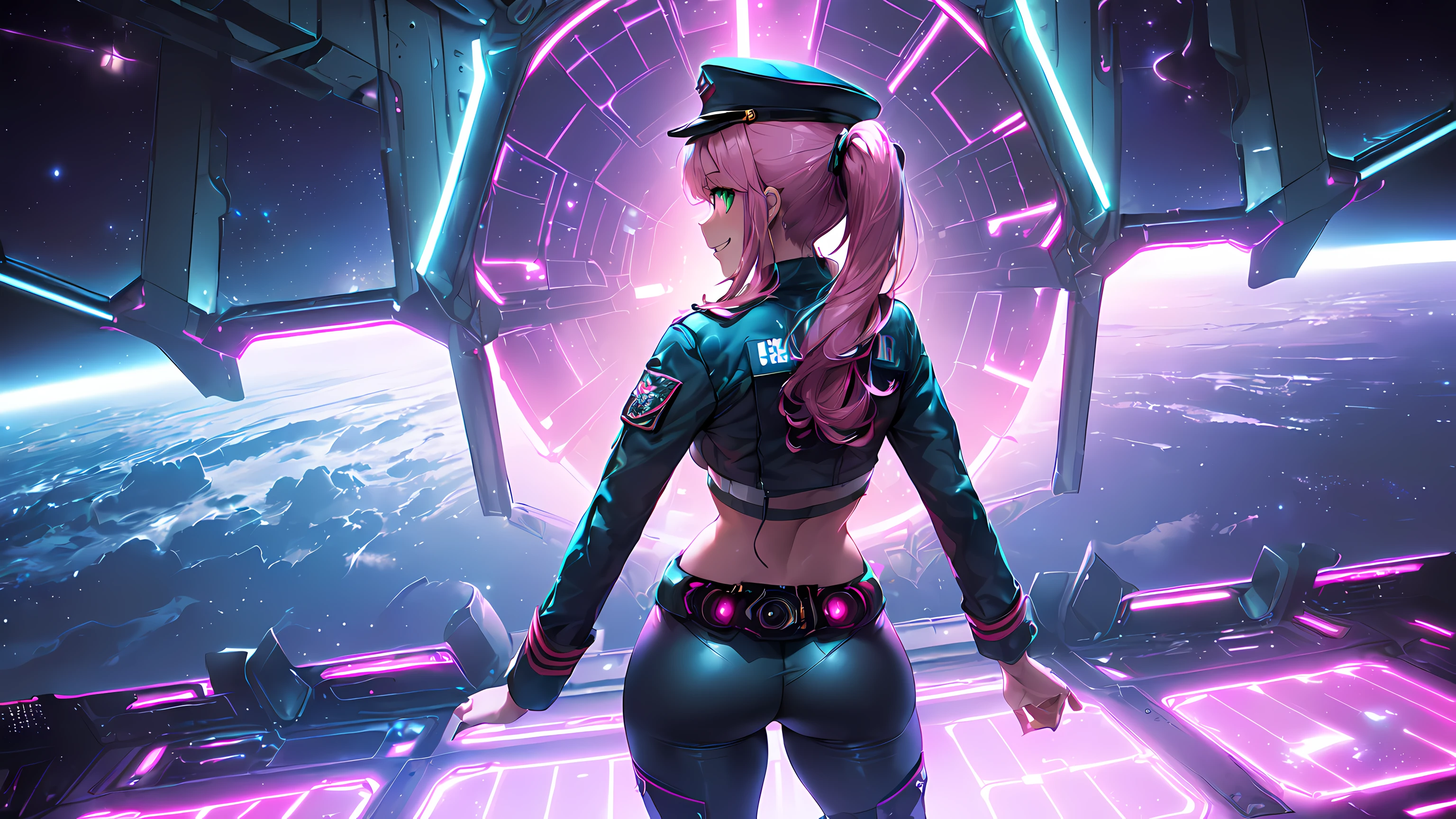 A glamour shot of a voluptuous space commando (web gear, pouches, pockets, ammo): beautiful, long curly pink hair with white highlights, extravagant braid, perfect body ((EE-size breasts, large butt, slim waist, thick thighs)), revealing space suit (((deep cleavage, exposed stomach))), hyper-realistic, partially clouded skies, 64k. full body in a starship. standing on the command deck of a starship ((computers, personale, captain)), realistic. 64k, a view from the side