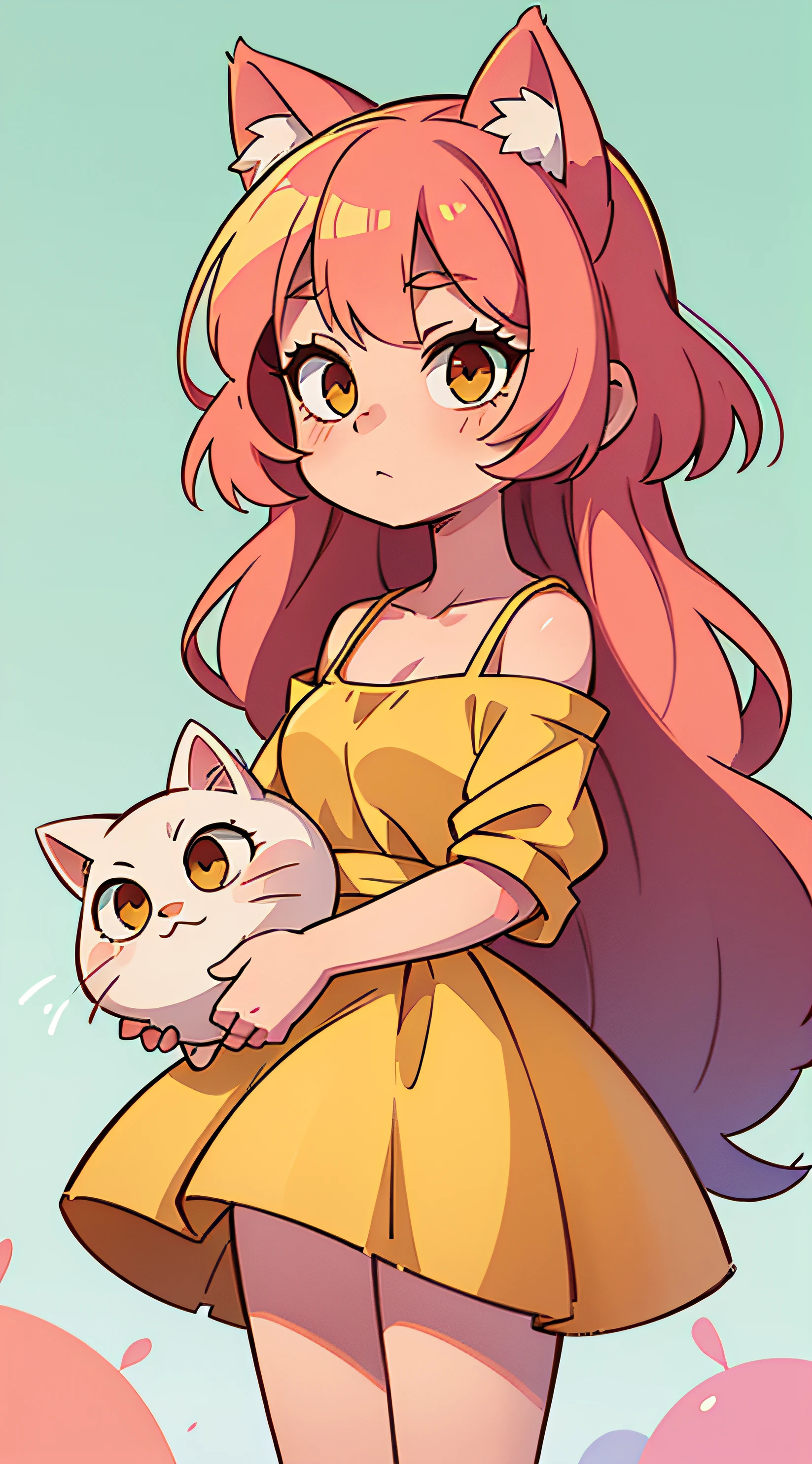 Girl with long pink hair and white cat ears. brown eye. long yellow dress