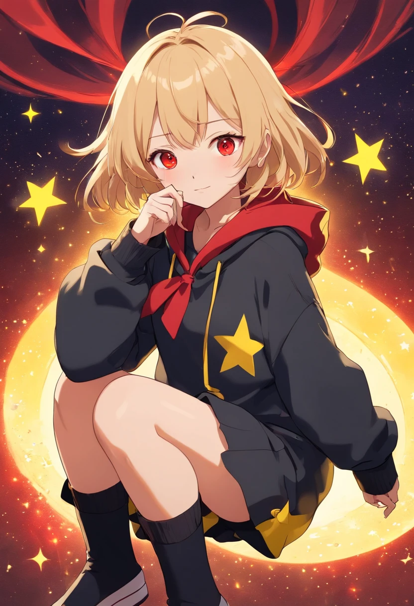Anime character; red eyes; short blonde hair with a black round ornament with a golden border and a golden five-pointed star in the center; dark hoodie with a vibrant yellow smiley print and a yellow hood as well; black skirt and black knee-high socks with school shoes.