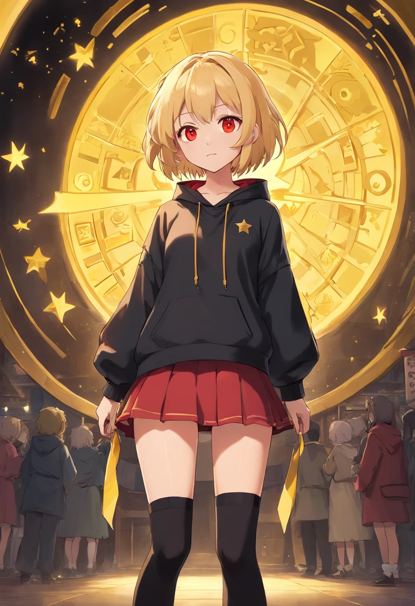 Anime character; red eyes; short blonde hair with a black round ornament with a golden border and a golden five-pointed star in the center; dark hoodie with a vibrant yellow smiley print and a yellow hood as well; black skirt and black knee-high socks with school shoes.