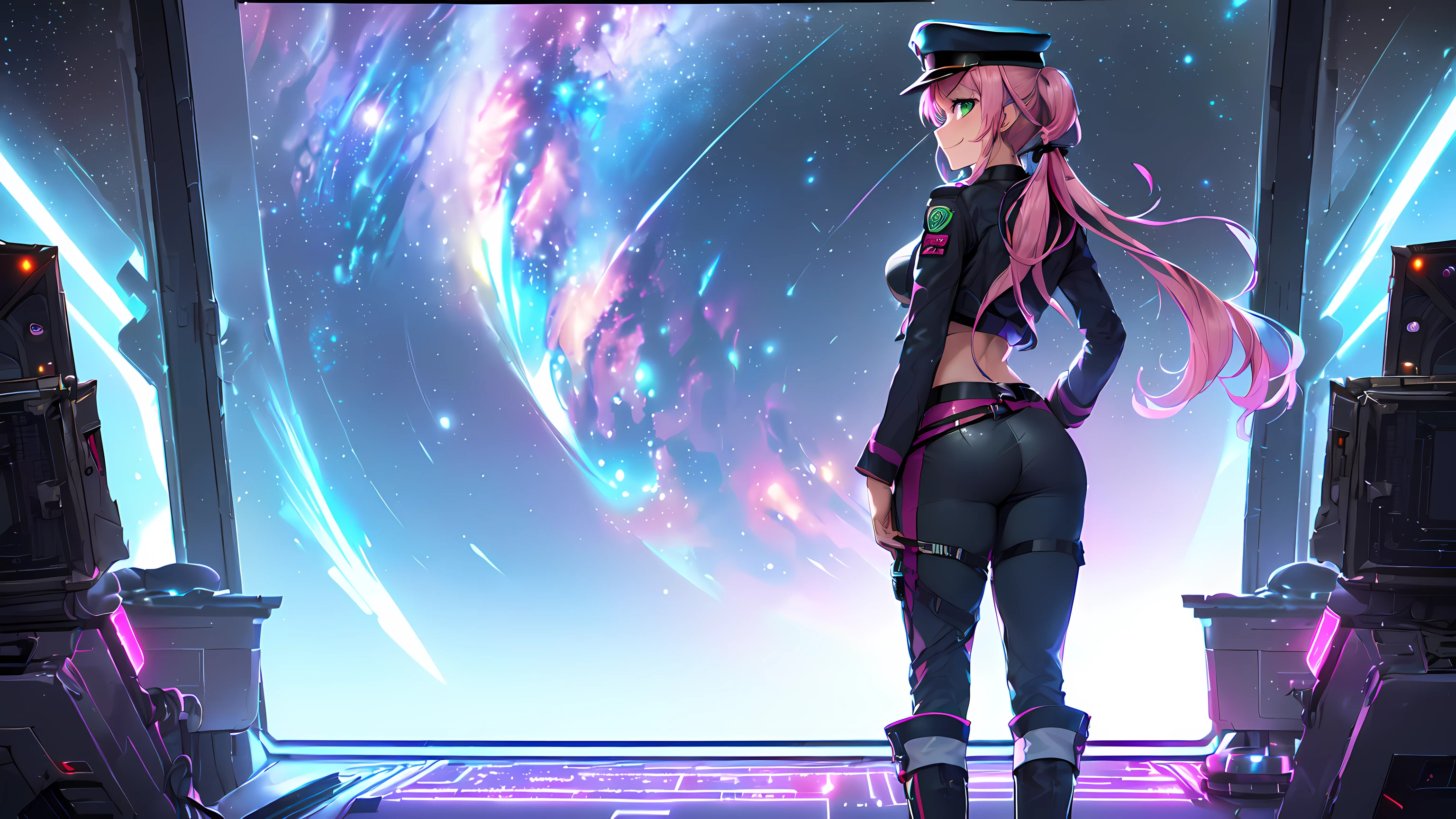 masterpiece:1.4, 1girl ((20year old, dressed in a Futuristic purple military uniform tight crop top, tight futuristic military pants, boots, medium breasts, multicolor pink hair, twin ponytails, perfect model body, green eyes:1.4, Wearing a military hat, flirting, happy, big smile, standing in a Futuristic Sci-Fi Space Station observatory room, looking out the window staring out to a beautiful galaxy:1.3, sci-fi space station windows in the background at night:1.1, neon and energetic atmosphere:1.2)) ((galaxy)) ((solo:1.6)) ((high camera angle)) ((POV from behind))