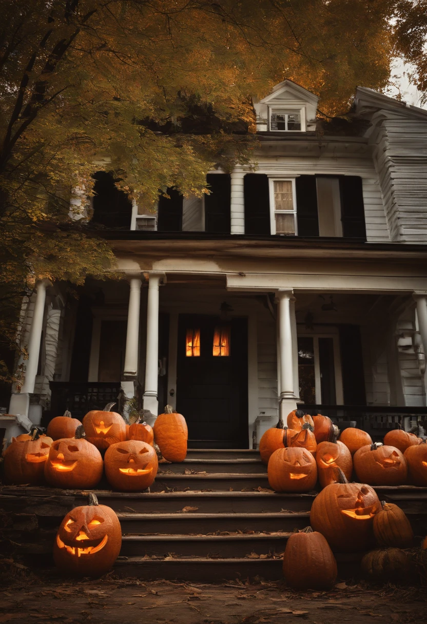 A groups of spooky Jack o lanterns sitting on the front porch of an old haunted house.