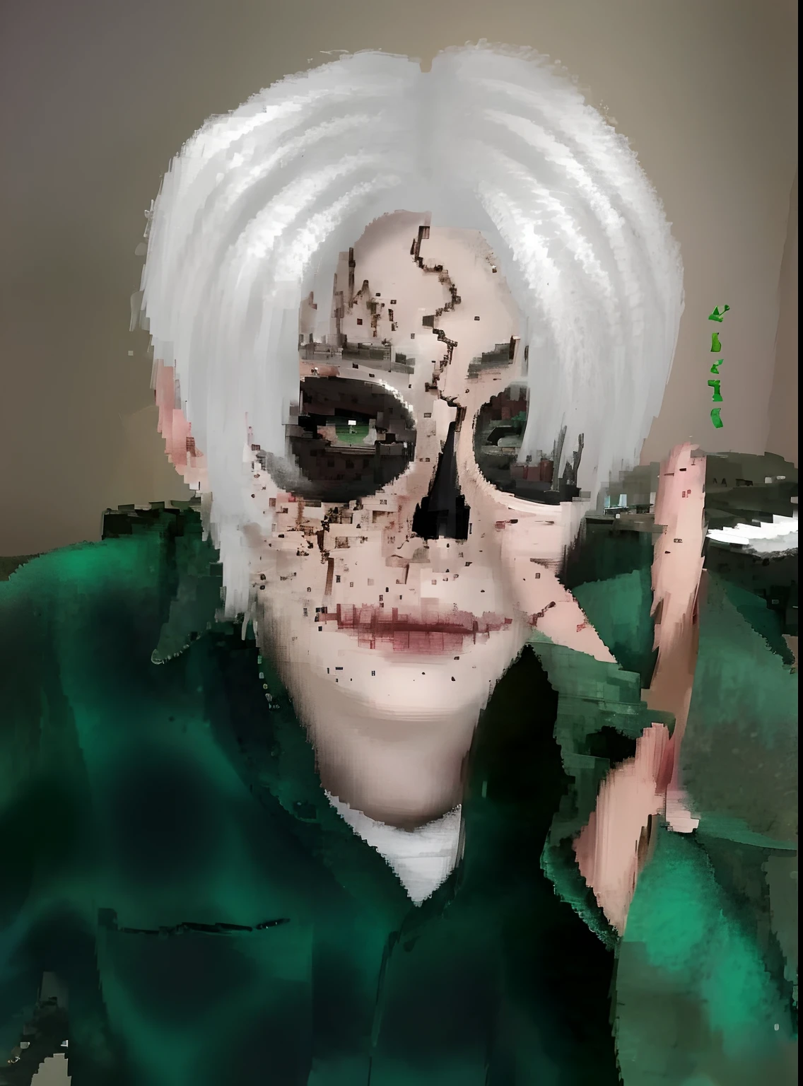 Hay una mujer con el pelo blanco y una camisa verde, Ken Kaneki, Al estilo de Halloween, foto de perfil, Arte digital. @Mariomaniacdude, inspirado por Arnold Mesches, Arte digital pero foto, piel blanca y aterradora, Estilo aterrador, filtro espeluznante, macabre spirit, mirada aterradora, Dibujado con Photoshop, Kaneki Ken, Hecho con Photoshop