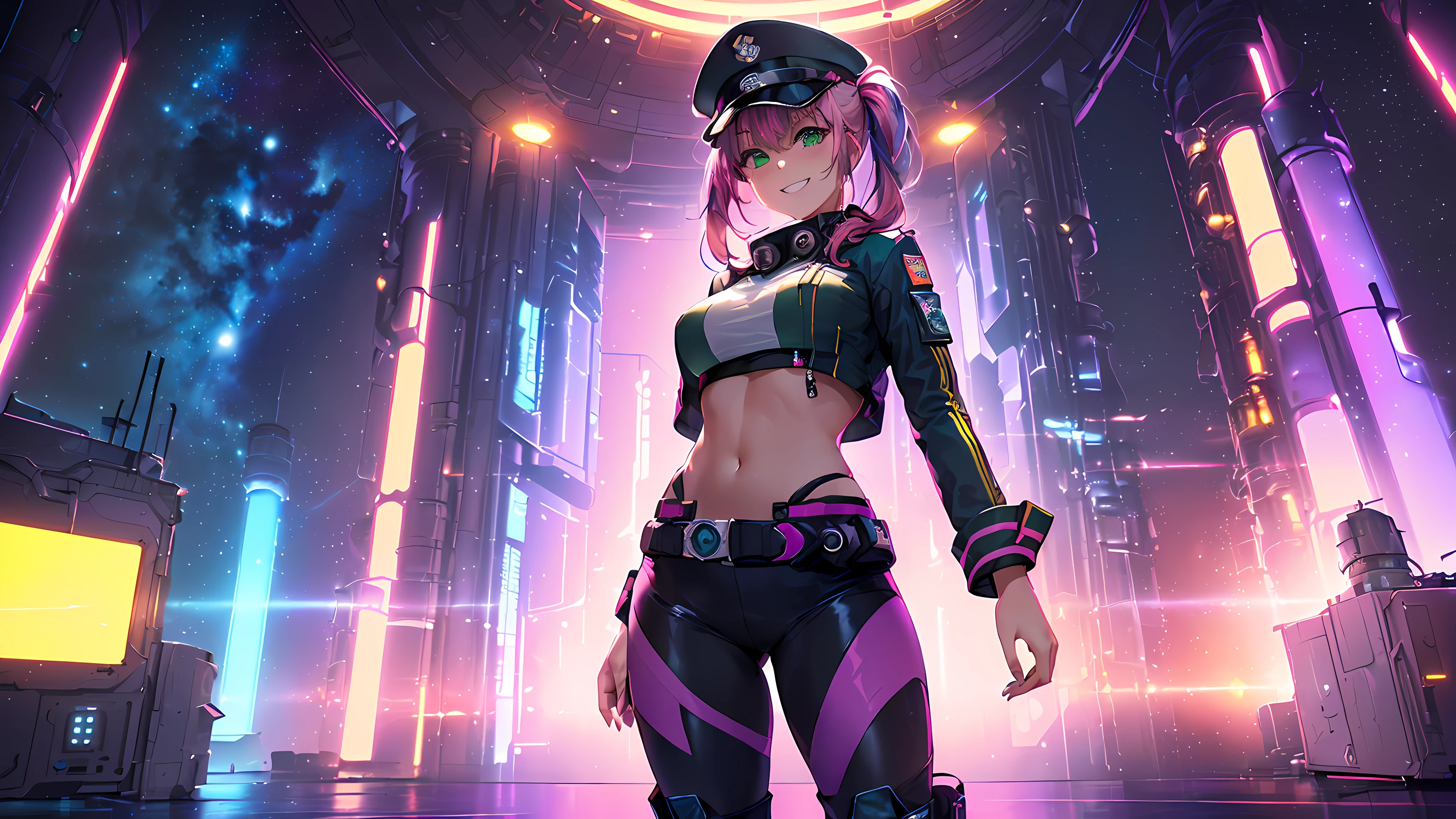 masterpiece:1.4, 1girl ((20year old, dressed in a Futuristic purple military uniform tight crop top, tight futuristic military pants, boots, medium breasts, multicolor pink hair, twin ponytails, perfect model body, green eyes:1.4, Wearing a military hat, flirting, happy, big smile, standing in a Futuristic Sci-Fi Space Station observatory room:1.3, sci-fi space station windows in the background at night:1.1, neon and energetic atmosphere:1.2)) ((galaxy)) ((solo:1.6)) ((close up camera shot))