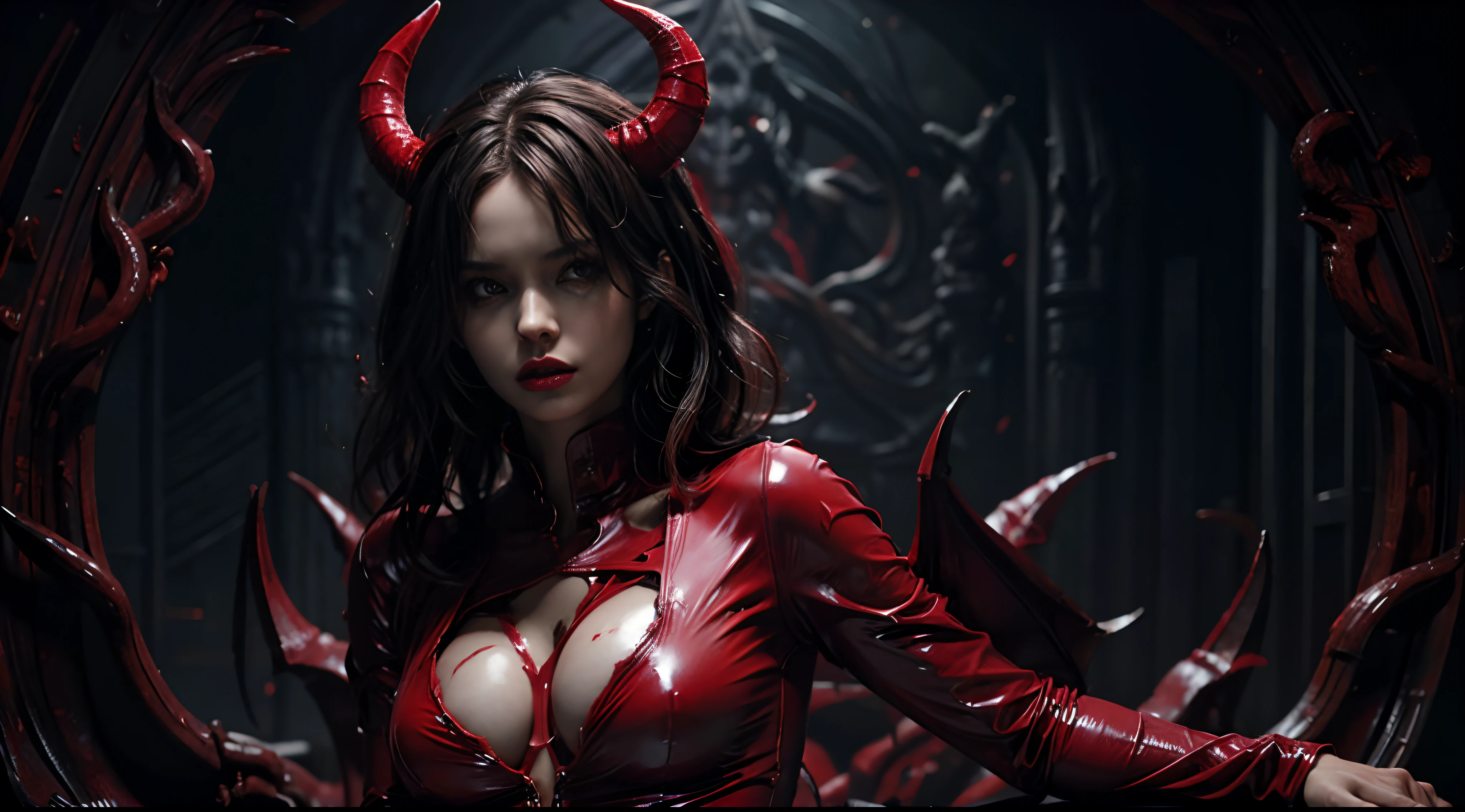 Demon woman dressed in red latex leotard standing in a dark creepy scenario, ominous background, demon woman with horns, perfect body, upper body, sensual pose, perfect face, perfect eyes, ultra detailed, photorealistic, masterpiece.