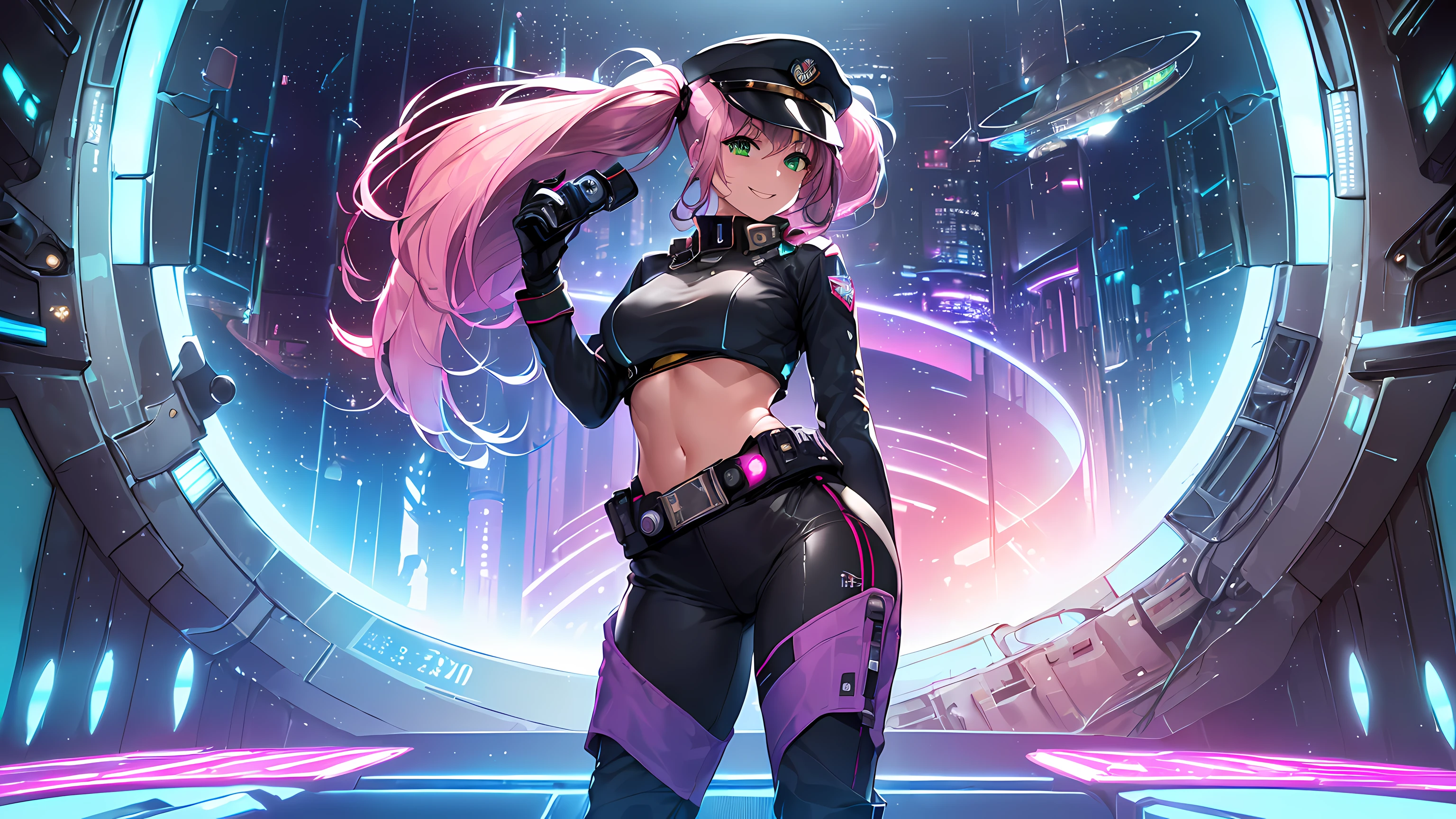 Pink Long Hair、cyber punk、Pink tight high leg suit、Huge breasts、Cleavage、Underideboob、Camel toe、Absolute area、Embarrassing、Battle action、NSFW、Shooting from below、夜のcyber punkシティ、Large machine guns in both hands