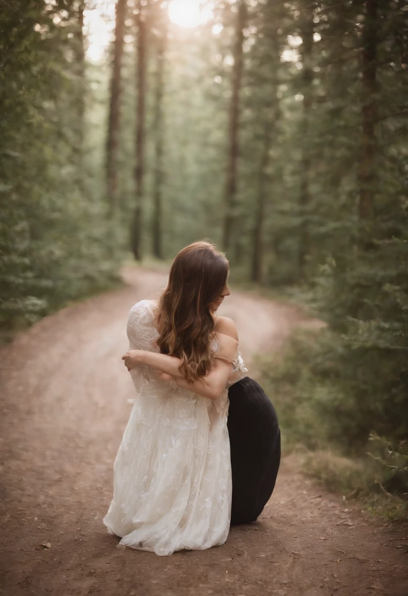 my view holding woman left hand, woman turn her back, background a woods