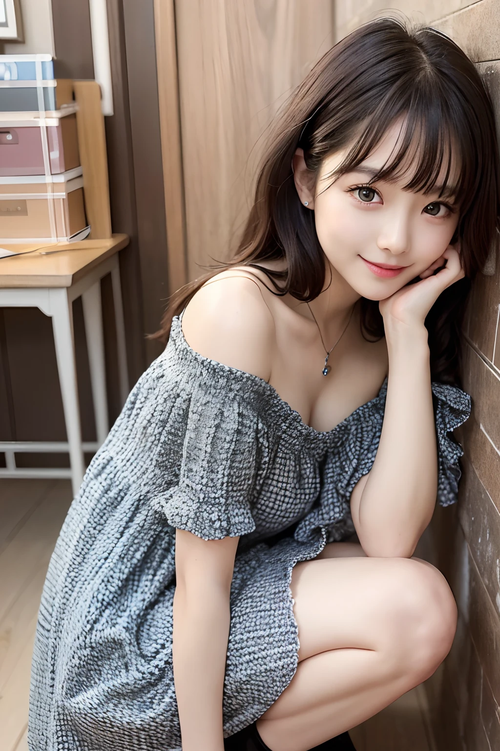 hight resolution, top-quality, Perfect dynamic composition, Beautiful detailed eyes, off shoulders、Radiant hair、Medium Hair, Natural Color Lip, college aged、Harajuku、A slight smil、Crouched figure、M-shaped legs