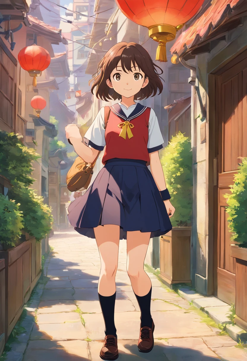 personagem de anime; olhos vermelhos; cabelo loiro curto com um ornamento redondo preto com uma borda dourada e uma estrela dourada de cinco pontas no centro; capuz amarelo com uma estampa do Smile. Black skirt and black knee high socks with school shoes.