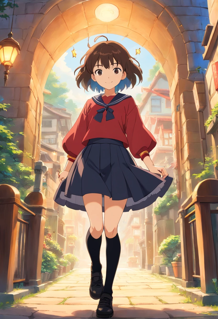 Masterpiece,Extremely tall maiden,A giantess,Huge maiden,Slender calves,Full limbs,Long-range shots,whaite hair,white stockings,A girl as tall as a skyscraper,JK skirt