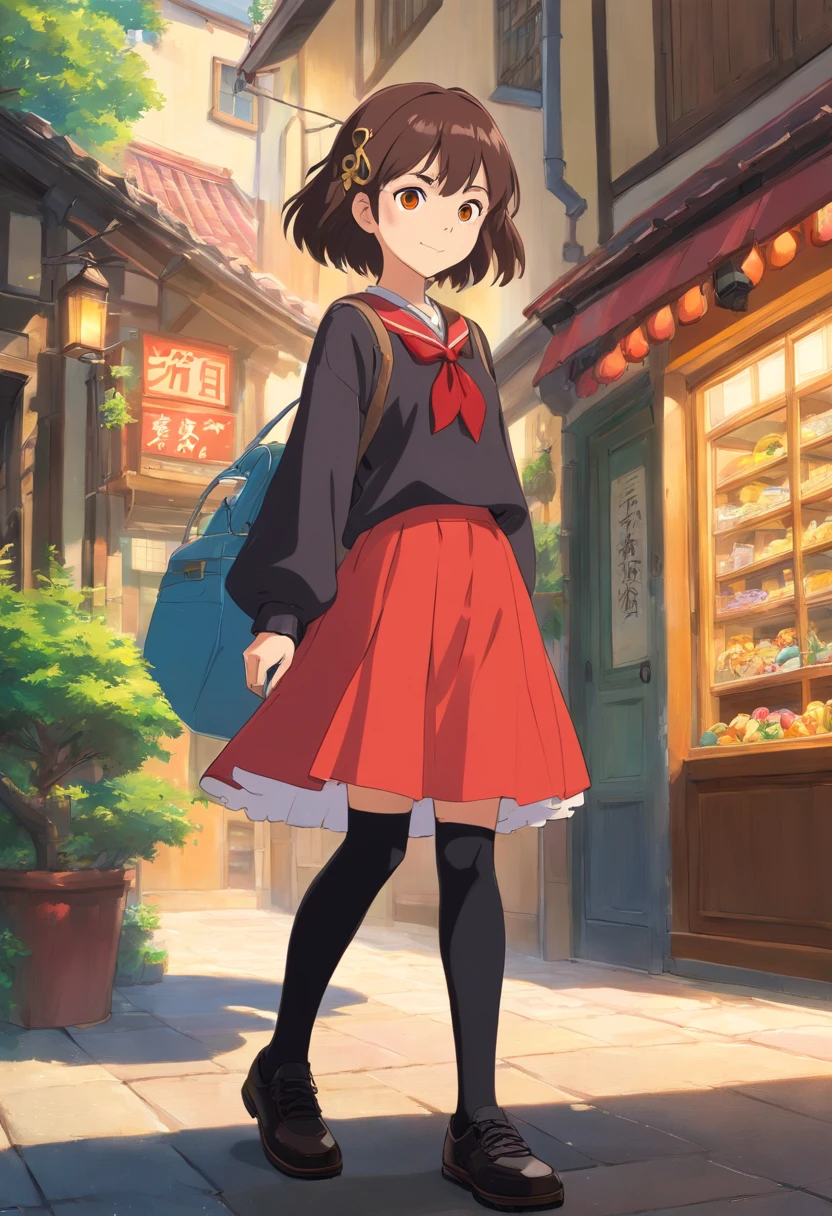 personagem de anime; olhos vermelhos; cabelo loiro curto com um ornamento redondo preto com uma borda dourada e uma estrela dourada de cinco pontas no centro; capuz amarelo com uma estampa do Smile. Black skirt and black knee high socks with school shoes.