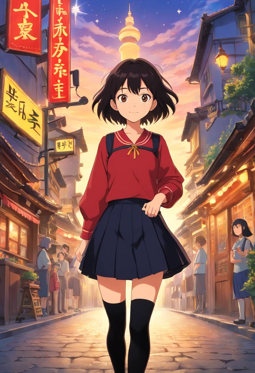 personagem de anime; olhos vermelhos; cabelo loiro curto com um ornamento redondo preto com uma borda dourada e uma estrela dourada de cinco pontas no centro; capuz amarelo com uma estampa do Smile. Black skirt and black knee high socks with school shoes.