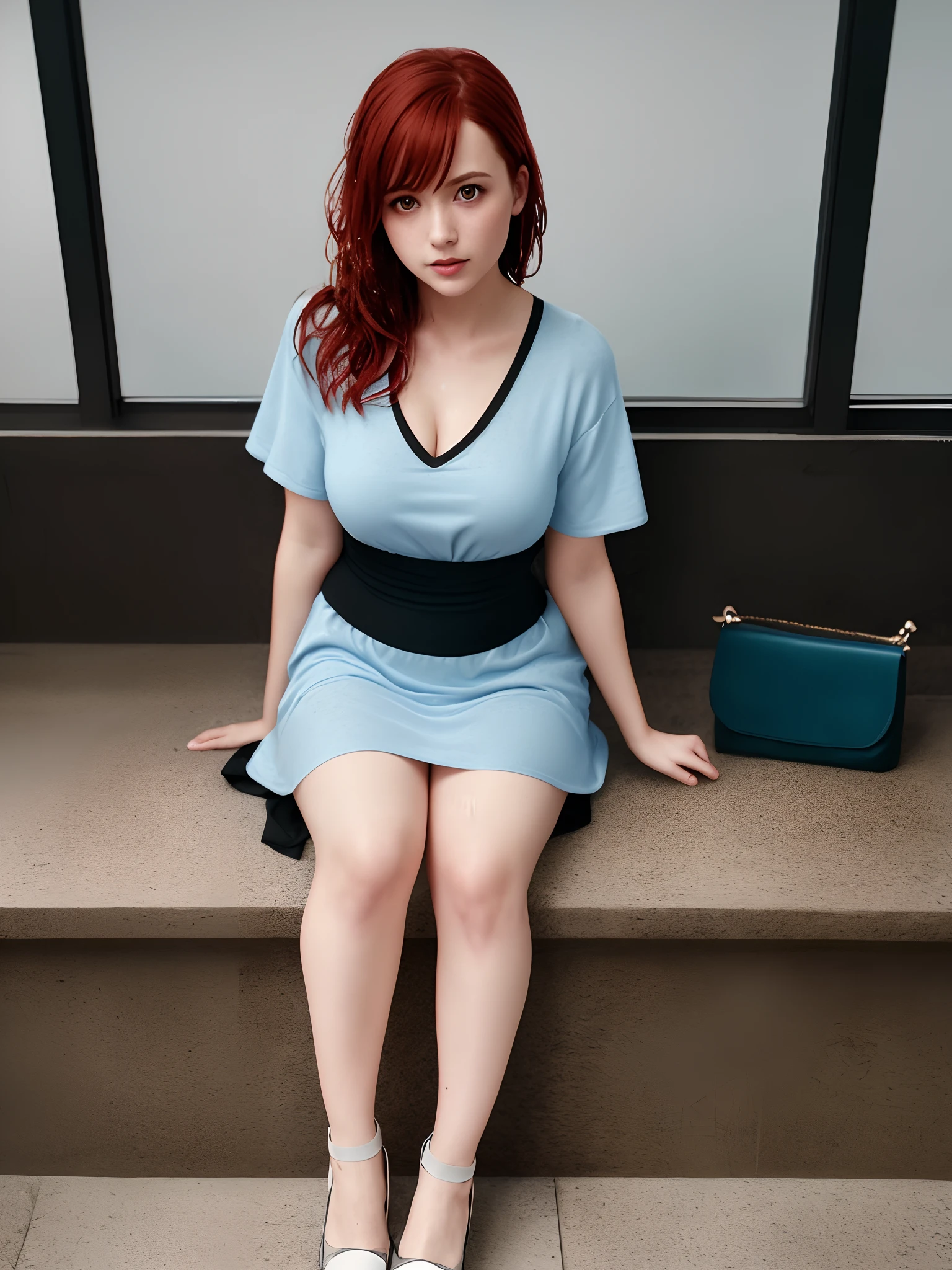 a portrait of a (soaking wet of a milk:1.2), blue mini dress, black hip pantyhose, black cloth shoes, full body, redhead, freckles teacher,[ :  V-neck white shirt: 5], visible  through the white top t-shirt, slate atmosphere, cinematic, dimmed colors, dark shot, muted colors, film grainy, lut, insane details, intricate details, hyperdetailed, closeup, twilight