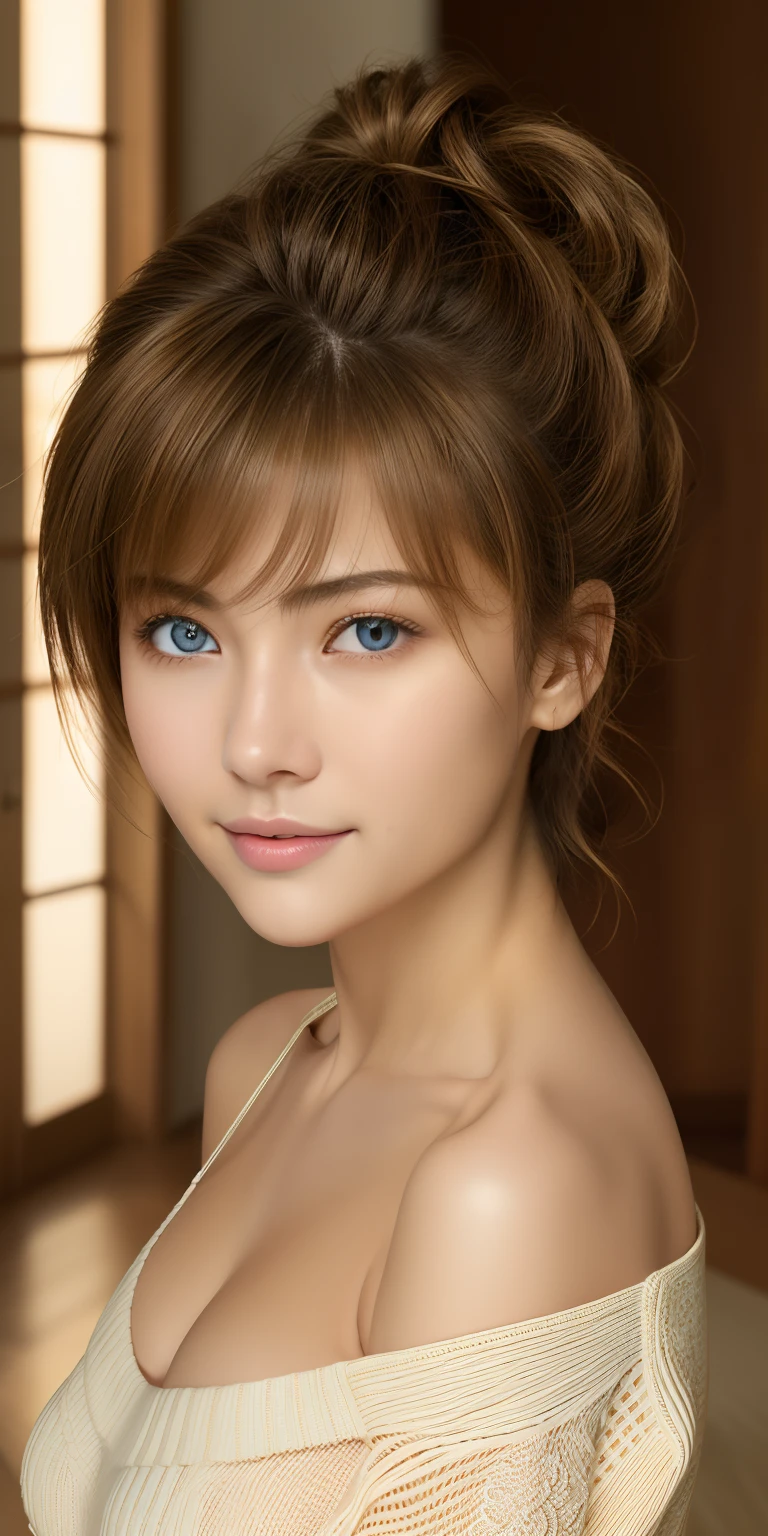 (masterpiece:1.3), (8K, Photorealsitic, Raw photography, Top image quality: 1.4), Japan high school girls、(Random hairstyles:1.2)、cleavage of the breast:1.2、Super Detail Face、Eye of Detail、Bring your chest together、foco nítido:1.2、prety woman:1.4、light brown hair、top-quality、masterpiece、A high resolution、(Photorealsitic:1.4)、Highly detailed and professional lighting smile、Loose and light knitwear、Shoulder out、slender、serious facial expression、short-haired、Fatal position