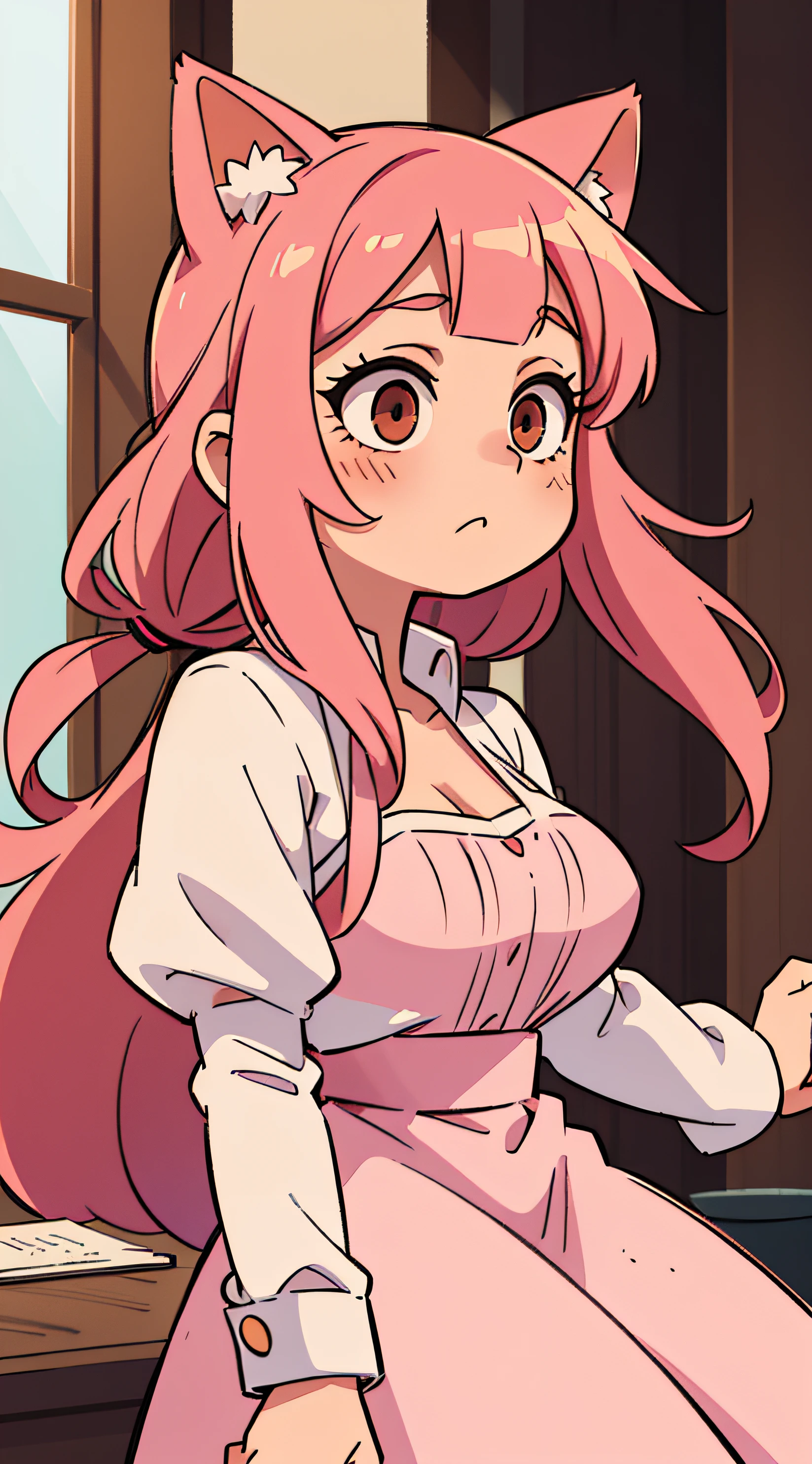 gasai yuno, ((masterpiece)), best quality,1girl, breasts, sweater, off shoulder, (off-shoulder sweater:1.5), cleavage, pink hair, long hair, (large breasts:1.5), bare shoulders, solo, smile, looking at viewer, collarbone, on bed, choker, sitting, sweater dress, braid, blush, thighs, red eyes, bed, sidelocks, aran sweater, bed sheet