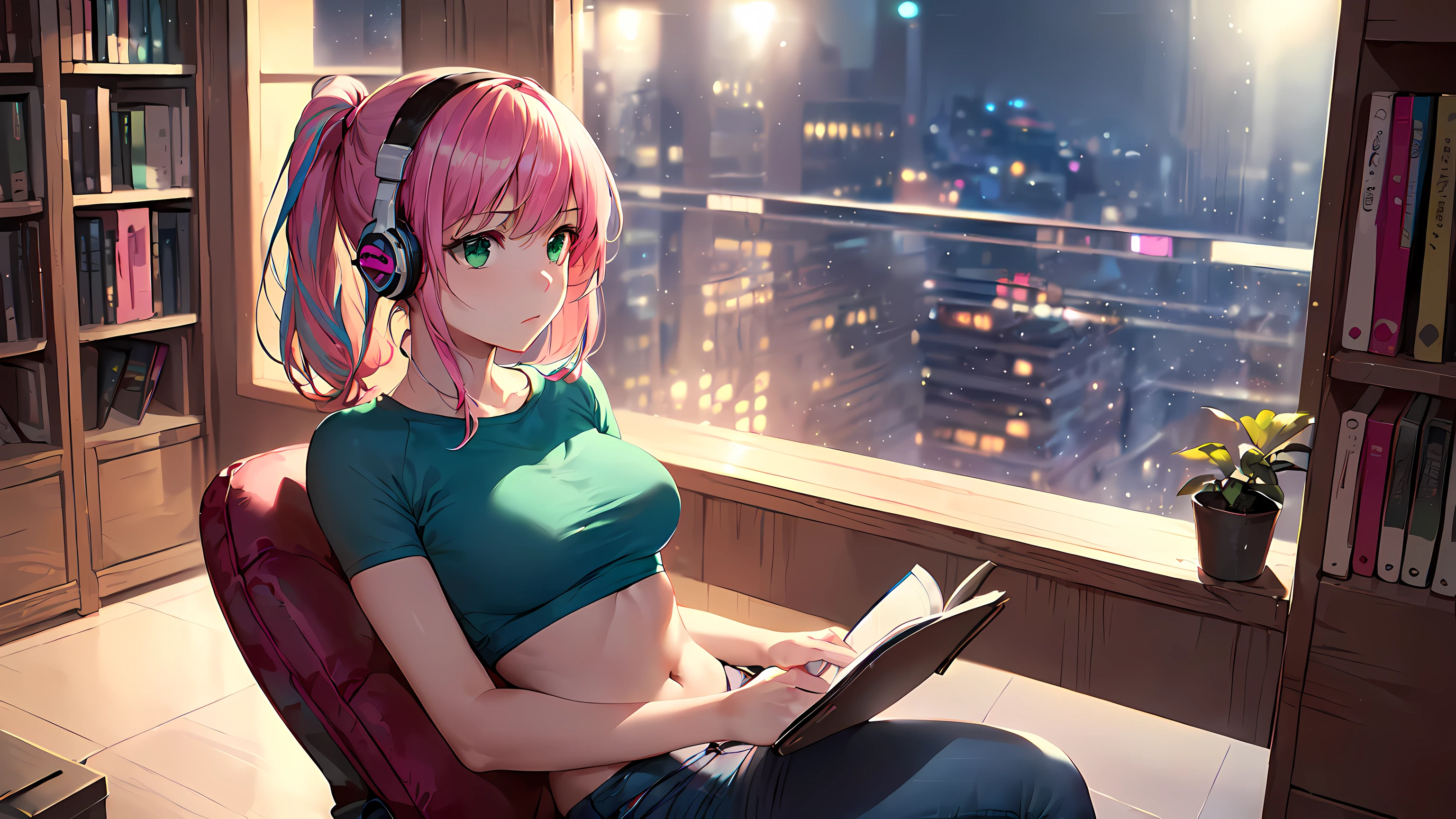 masterpiece:1.4, 1girl ((20year old, dressed in a tight crop top, tight blue jeans, sneakers, medium breasts, multicolor pink hair, twin ponytails, perfect model body, green eyes:1.4, Wearing headphones, studying in a library, face focused, test preparation, portrait)) Windows in background at night ((solo:1.6)) ((nighttime:1.3))
