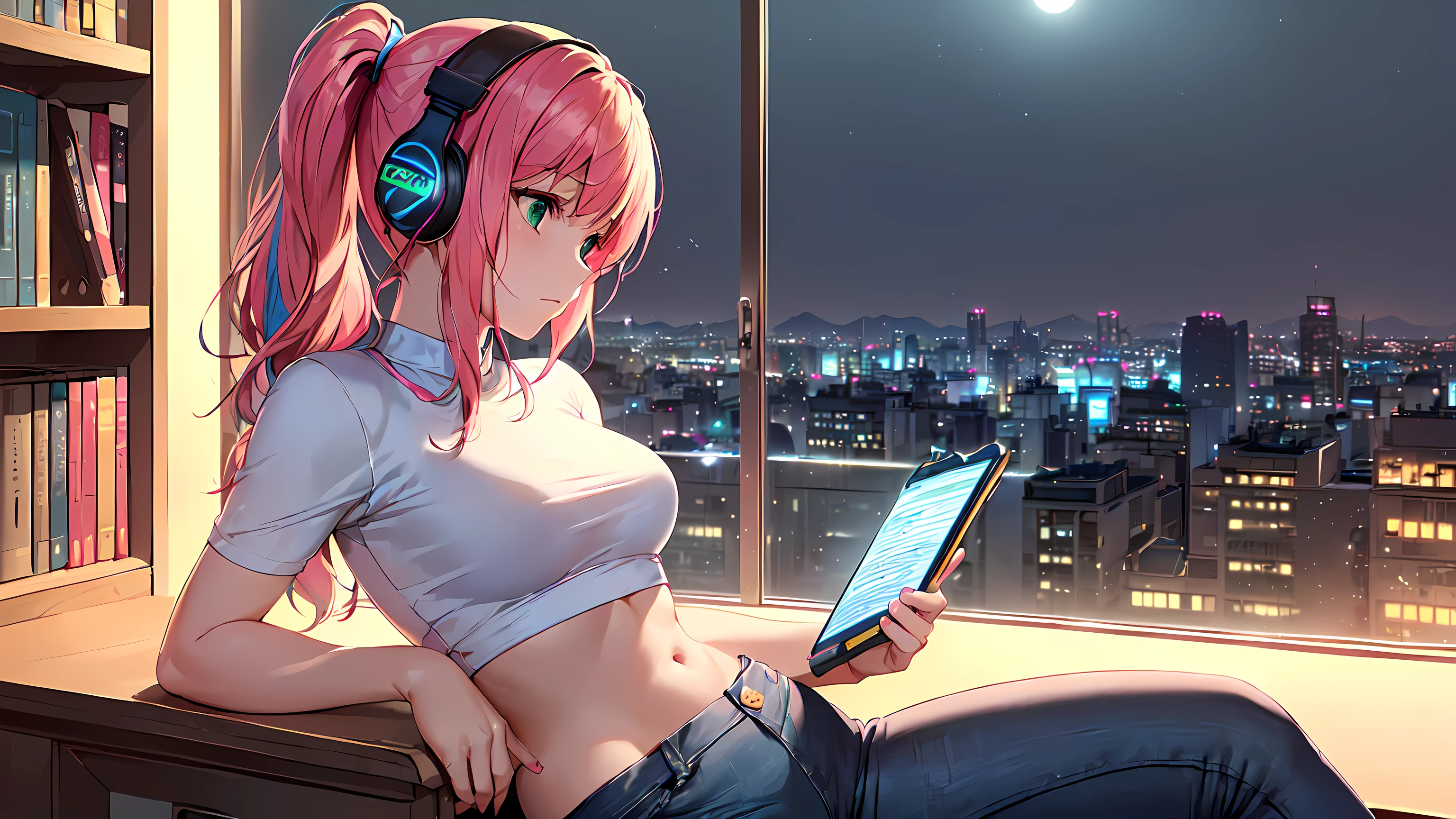 Girl with headphones enjoying music in a home I am studying Emphasize a little bit of the big chest Look this way and close your eyes. Night Background