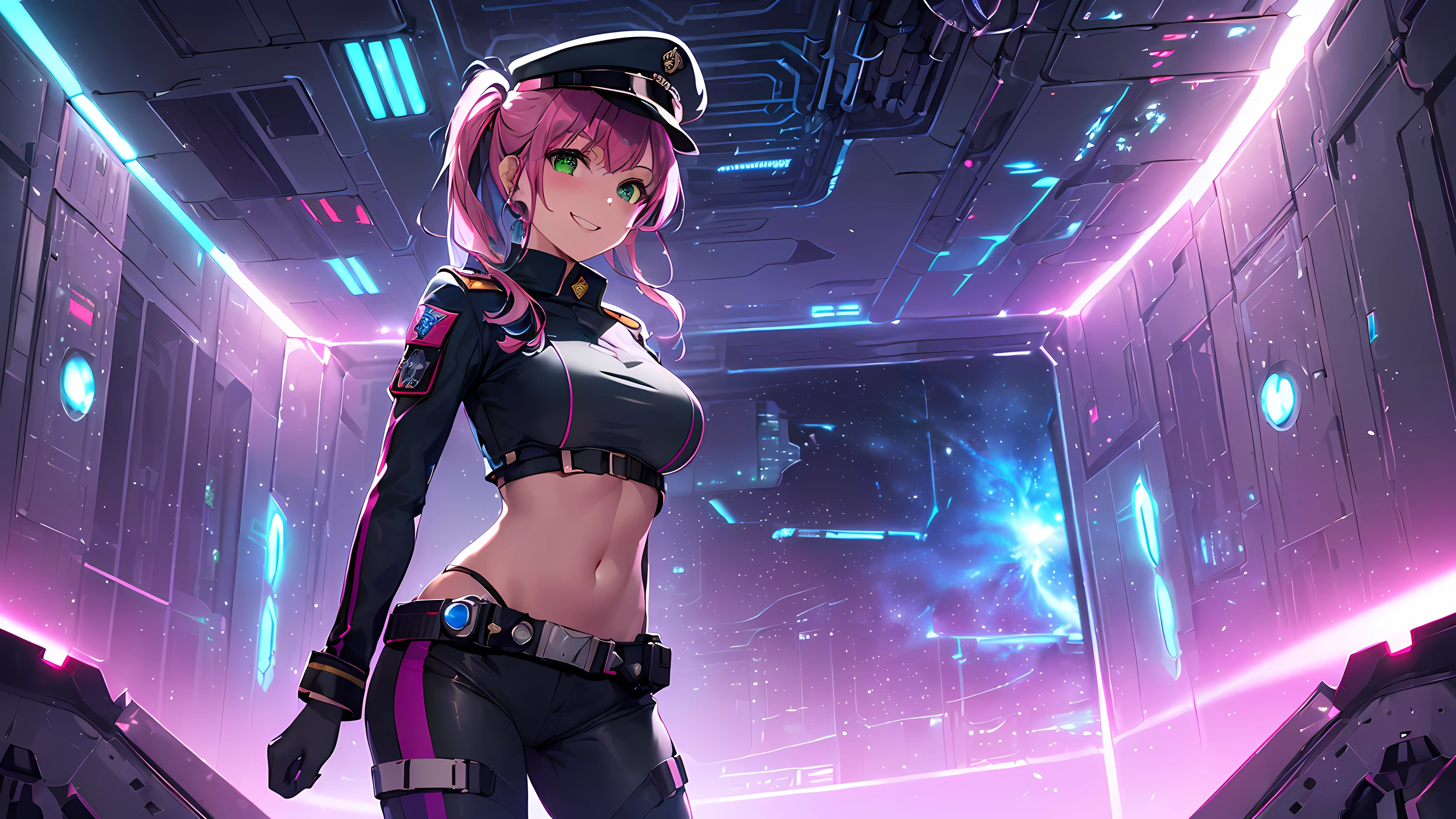masterpiece:1.4, 1girl ((20year old, dressed in a Futuristic purple military uniform tight crop top, tight futuristic military pants, boots, medium breasts, multicolor pink hair, twin ponytails, perfect model body, green eyes:1.4, Wearing a military hat, flirting, happy, big smile, standing in a Futuristic Sci-Fi Space Station observatory room:1.3, soldiers in the backgroundt:1.1, neon and energetic atmosphere:1.2)) ((galaxy)) ((solo:1.6))