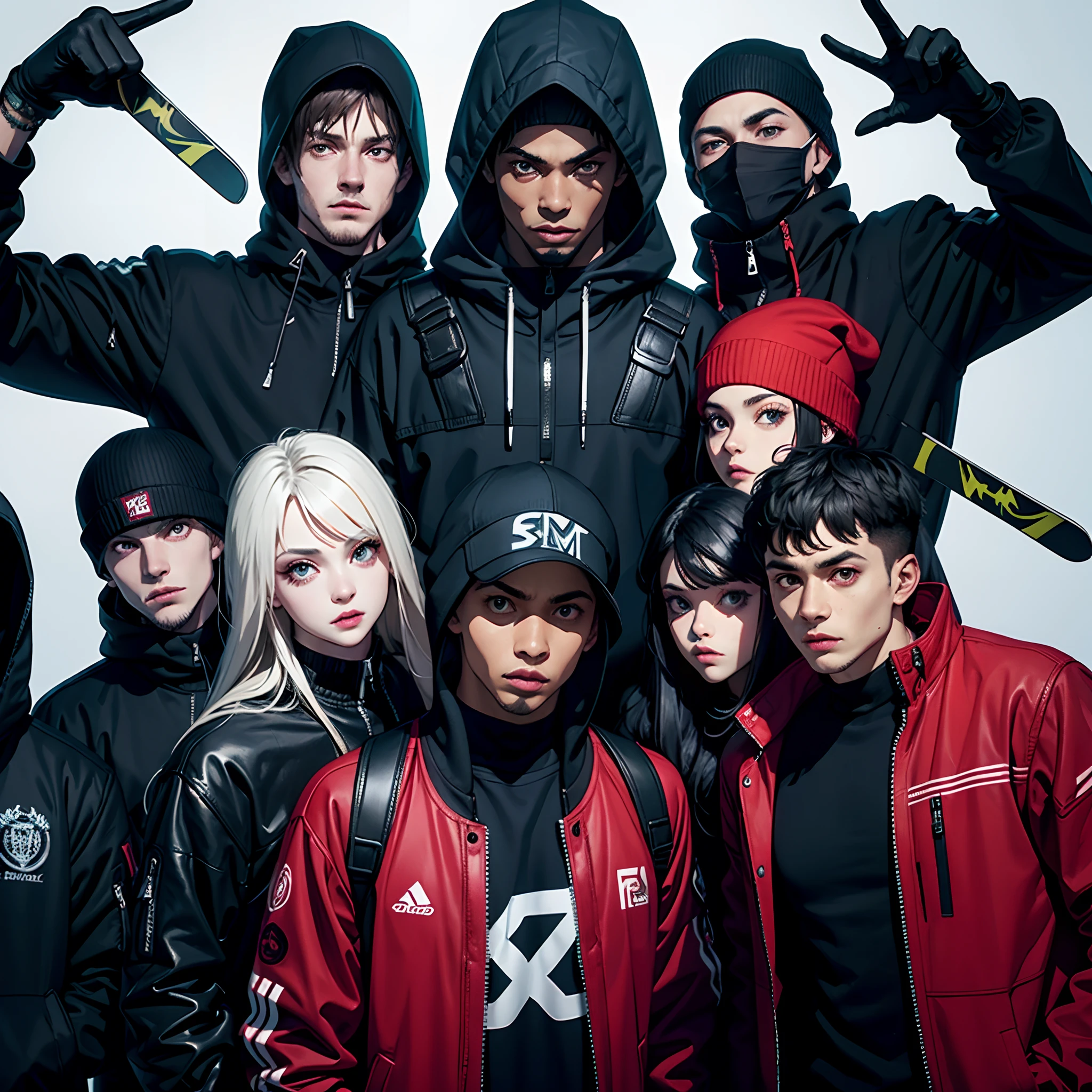 Roadman UK, wearing a ski mask, wearing a drip jacket, realistic, wearing black gloves, surrounded by roadmen, badass poses,6 people,all posing for the camera, shadow,close up of 6 people
