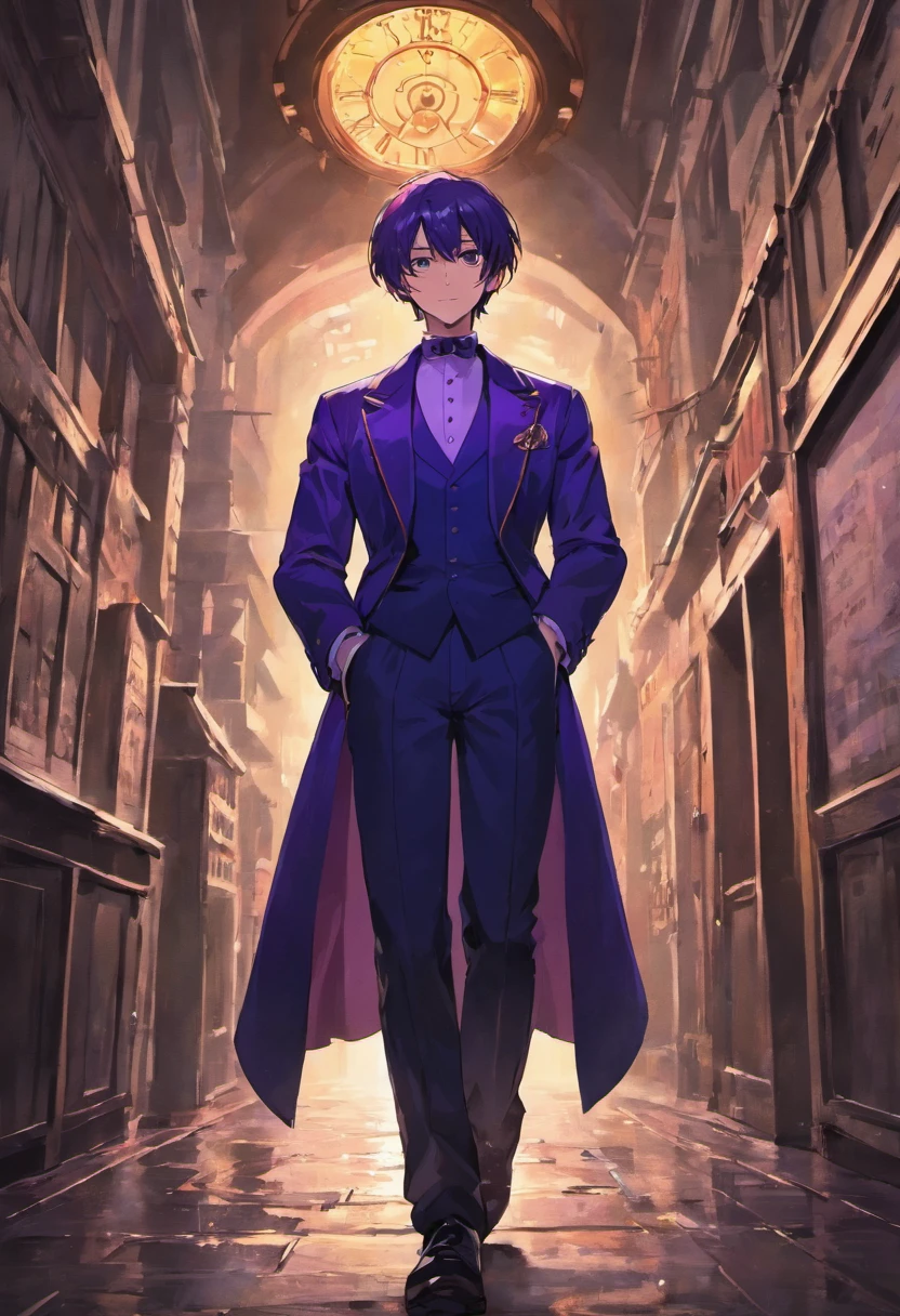 a man whit purple suit and a hat, standing in the dark street under a single light ,a pocket watch in the hand