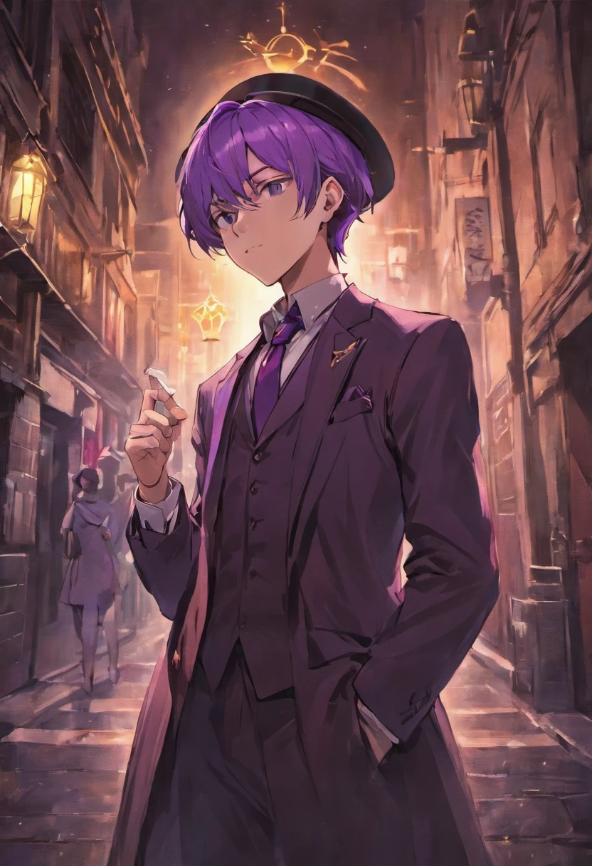 a man whit purple suit and a hat, standing in the dark street under a single light ,a pocket watch in the hand