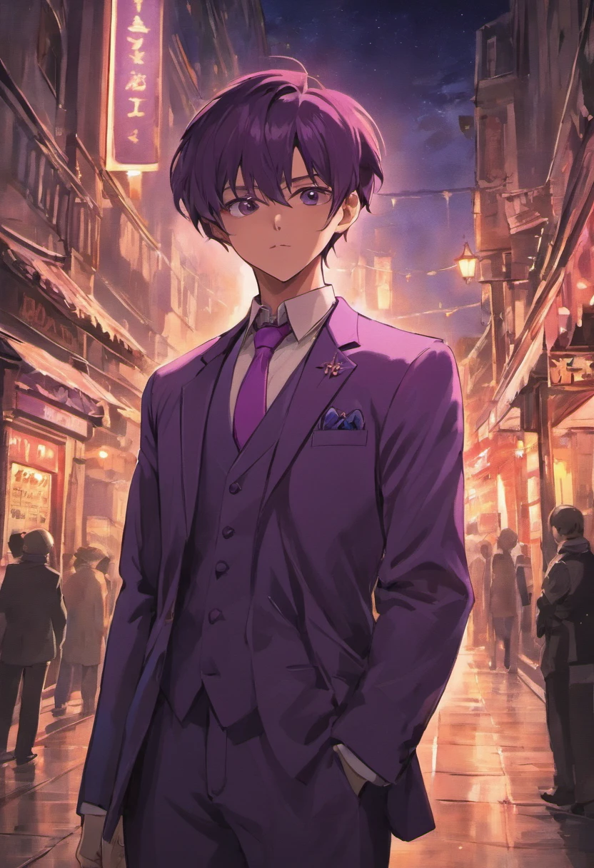 a man whit purple suit and a hat, standing in the dark street under a single light ,a pocket watch in the hand
