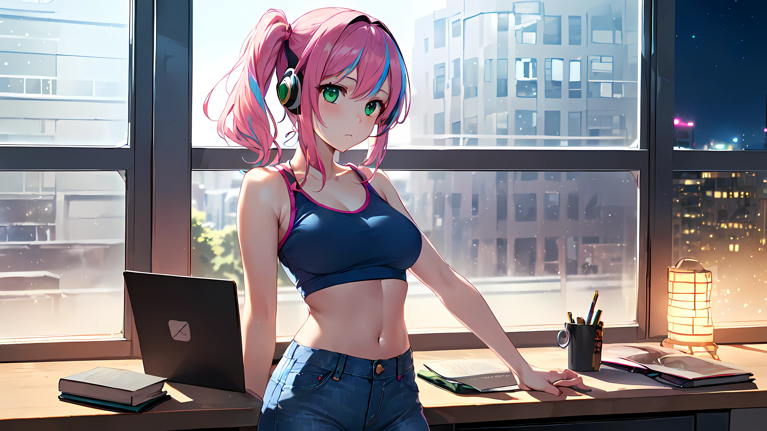 masterpiece:1.4, 1girl ((20year old, dressed in a tight crop top, tight blue jeans, sneakers, medium breasts, multicolor pink hair, twin ponytails, perfect model body, green eyes:1.4, Wearing headphones, studying in a library, face focused, test preparation)) Windows in background at night ((solo:1.6)) ((nighttime:1.3))