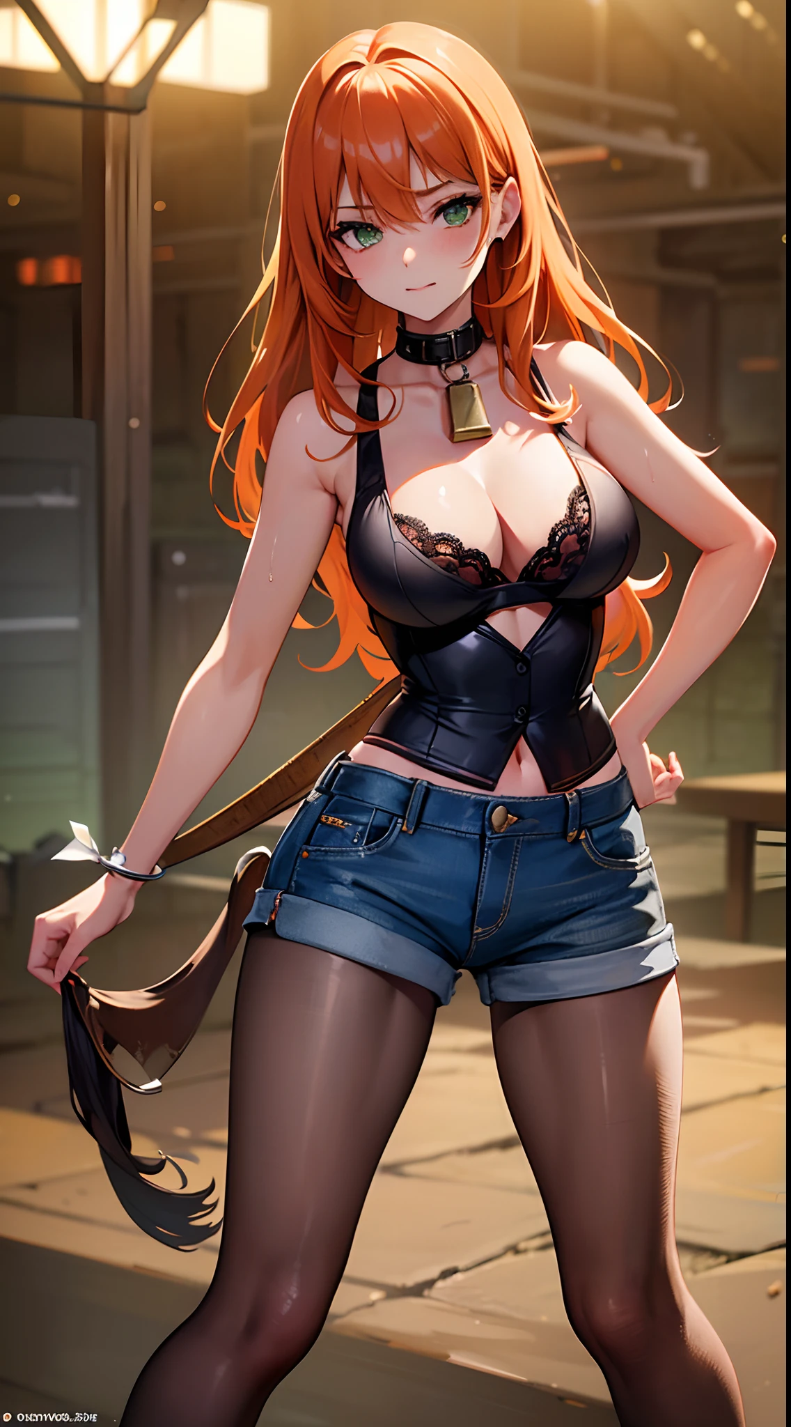 1girl, Best quality, masterpiece, cowboy shot, orange hair, green eyes, tight clothes, barn, wet, green checkered shirt, working, sexy, short jeans skirt, mid boobs, cow print clothes:1.5, cow lace bra, mid chest, seductive, provocing, masterpiece, (dynamic angle:1.2), (dynamic posture:1.2), general plan, daylight, (best quality), (erotic), (ultra detailed), (16k, 8k, complex),(full body photo: 1), (focus on hips:1.2)