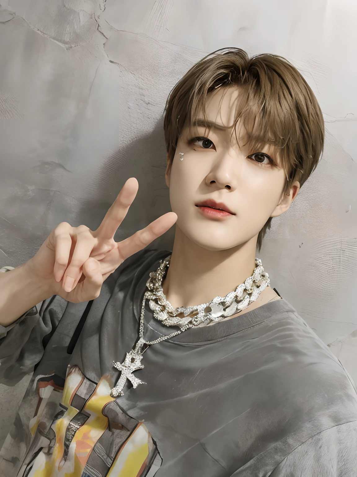 arafed man with a chain and a necklace making a peace sign, jung jaehyun, cai xukun, xqc, hyung tae, kim doyoung, sakimichan, jinyoung shin, lv, yanjun chengt, all from the group nct, hsiao-ron, hyung tae kim, bladee from drain gang, kousuke oono