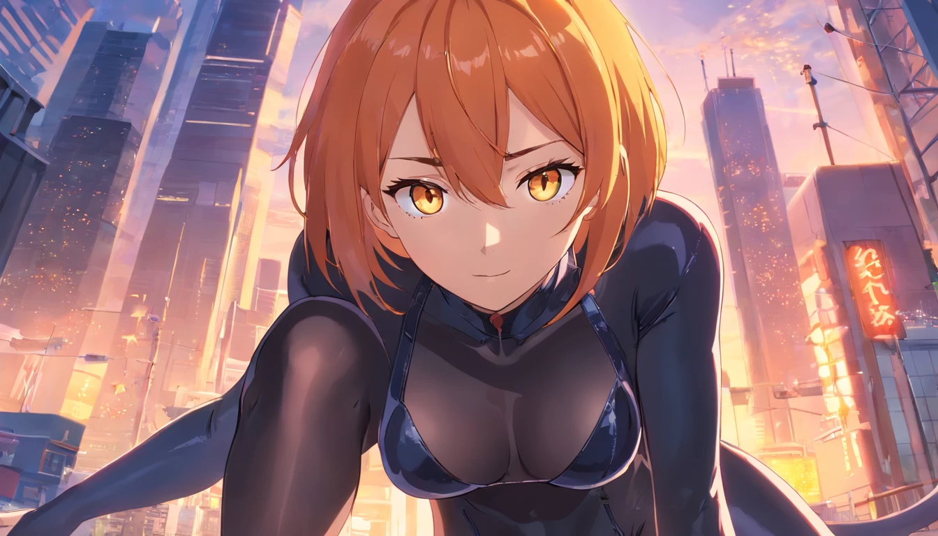masterpiece、1 female、Orange hair、Colossal tits、Big ass、Black catsuit、yellow eyes、Thigh、a short bob 、ishine、(Spark:0.7)