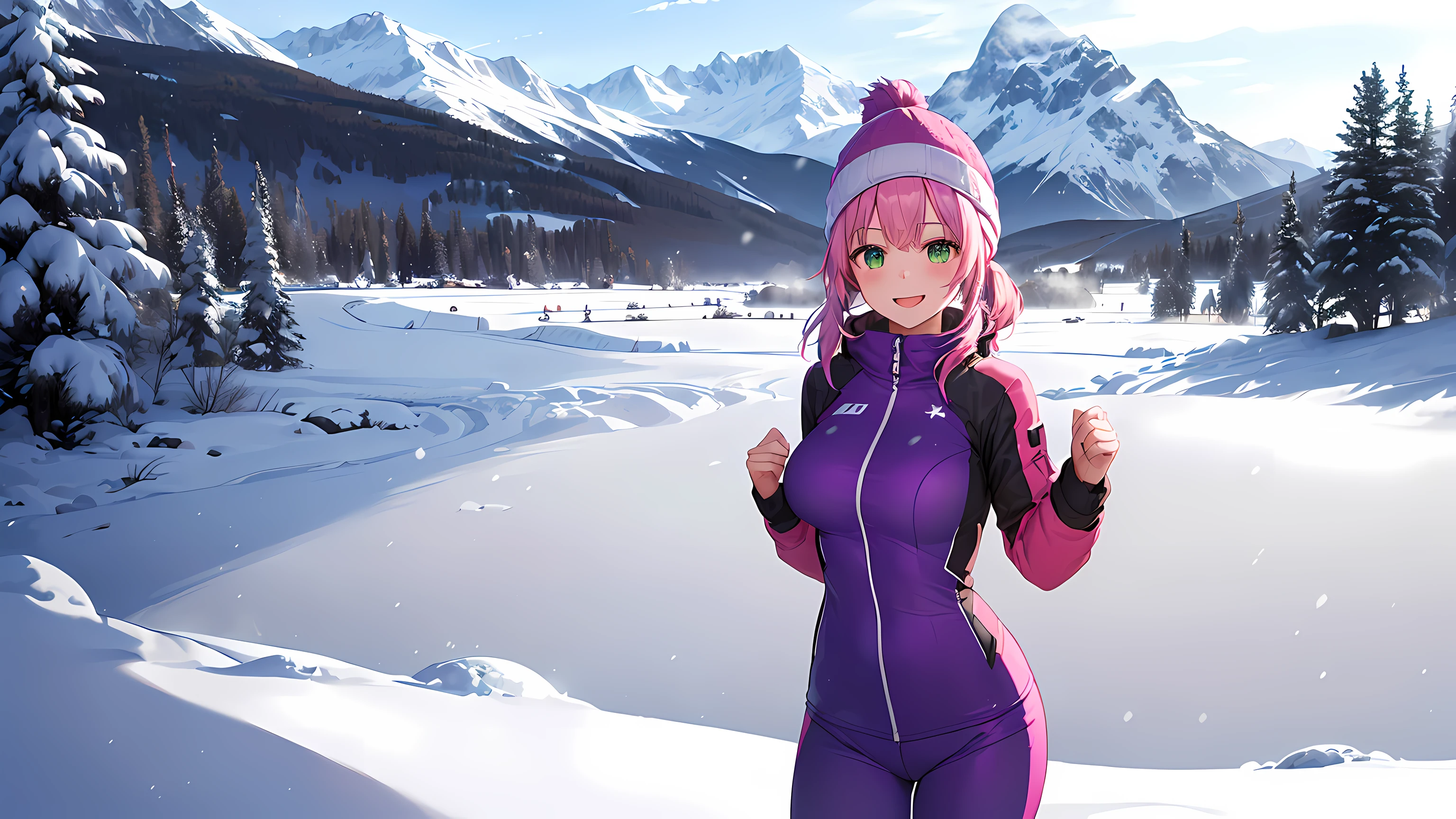 masterpiece:1.4, 1girl ((20year old, dressed in a purple tight one-piece ski suit, ski boots, medium breasts, multicolor pink hair, twin ponytails, perfect model body, green eyes:1.4, wearing a beanie, flirting, happy, big smile, standing in front of a ski lodge during the evening:1.3, snow and snowy mountains in the background:1.2, energetic atmosphere:1.2)) ((snow)) ((solo:1.6))