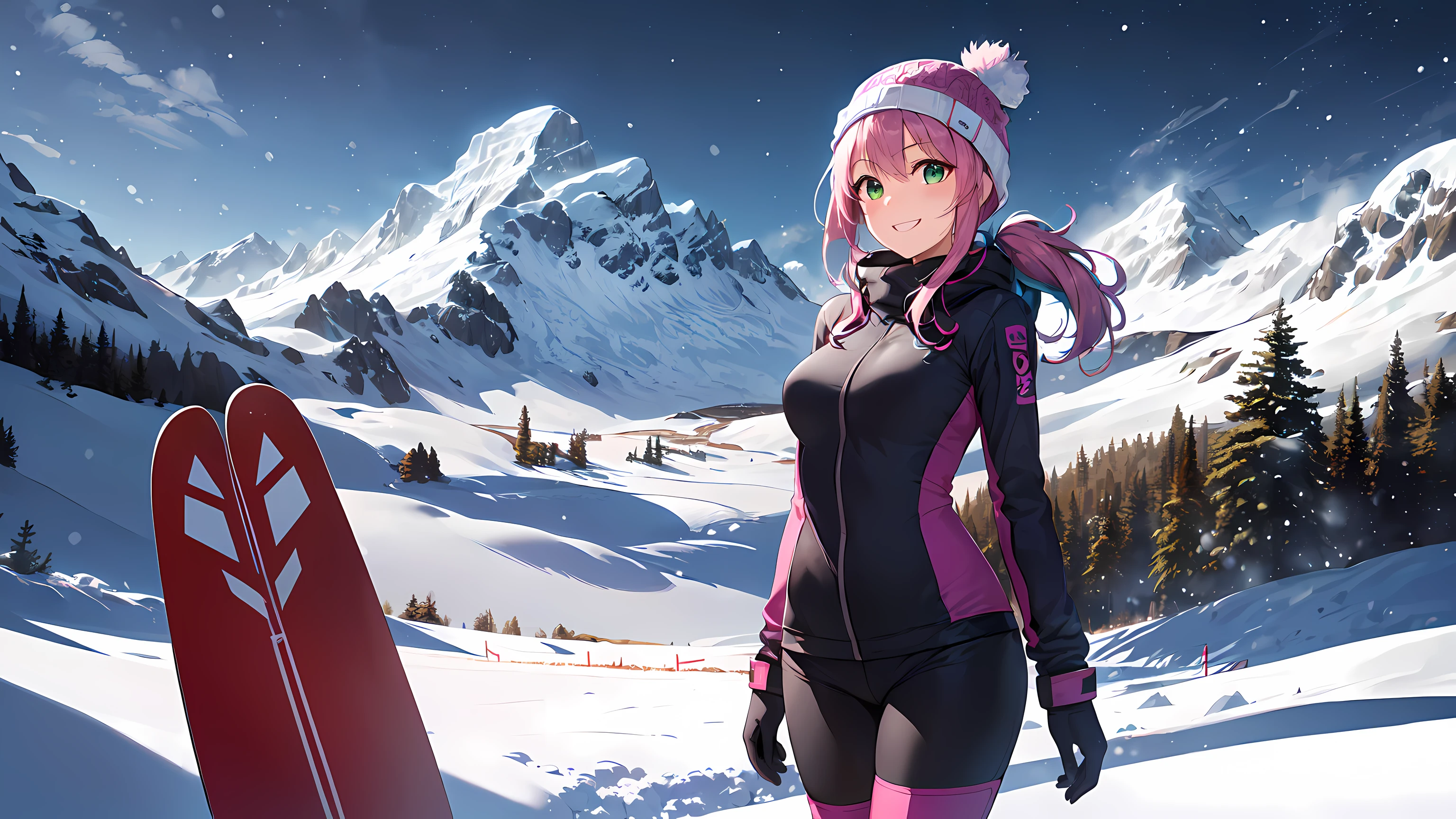 masterpiece:1.4, 1girl ((20year old, dressed in a purple tight one-piece ski suit, ski boots, medium breasts, multicolor pink hair, twin ponytails, perfect model body, green eyes:1.4, wearing a beanie, flirting, happy, big smile, standing in front of a ski lodge during the evening:1.3, snow and snowy mountains in the background:1.2)) ((snow)) ((solo:1.6)) ((evening sky))