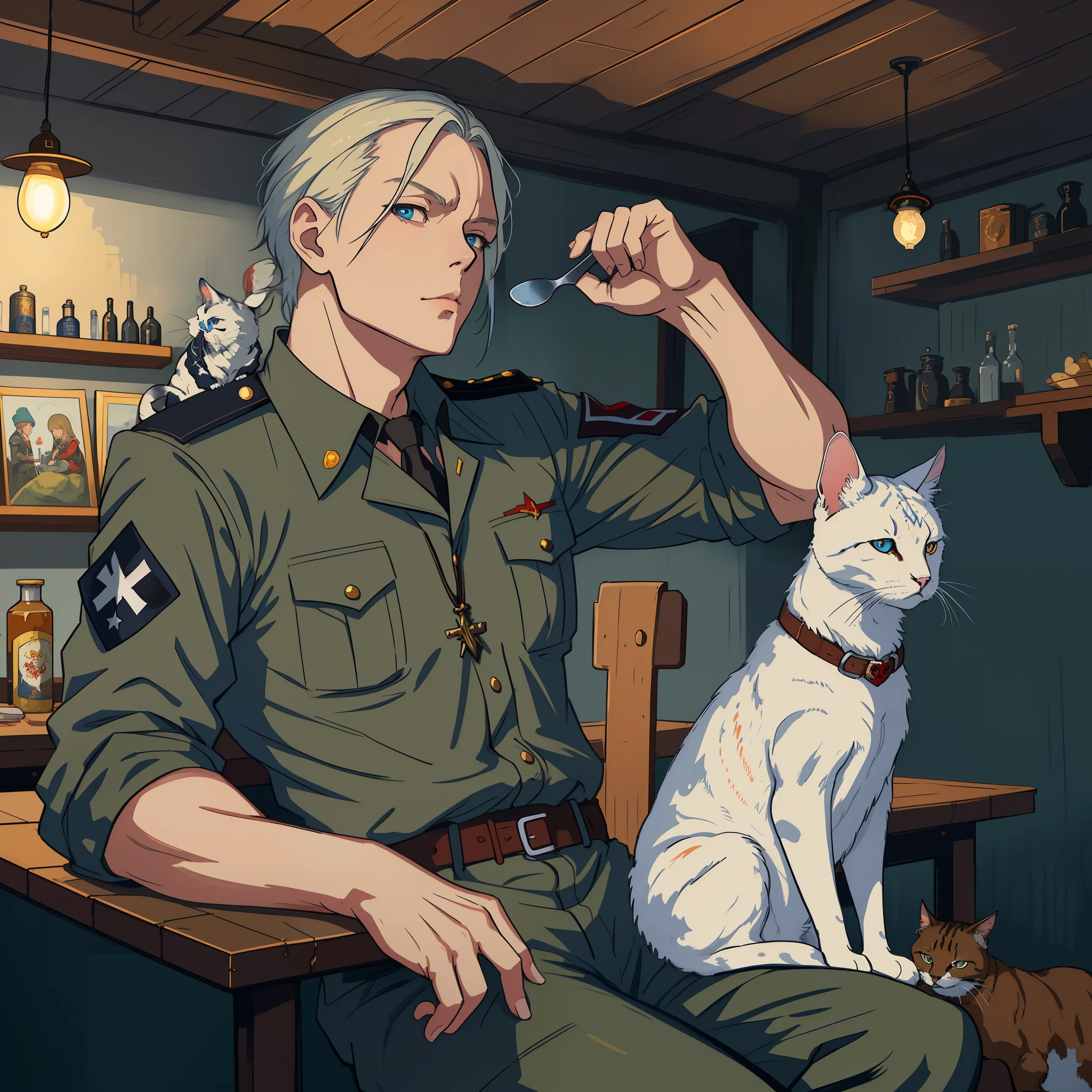 Russian,German,Aryan,Slavanin,Anime character sitting at table with cat, artwork in the style of guweiz, inspired by Armin Hansen, anime maid ss military, trending on artstation pixiv, by Yoshihiko Wada, at pixiv, Kanaoka Hair, guweiz on pixiv artstation, Tom in Finnish
