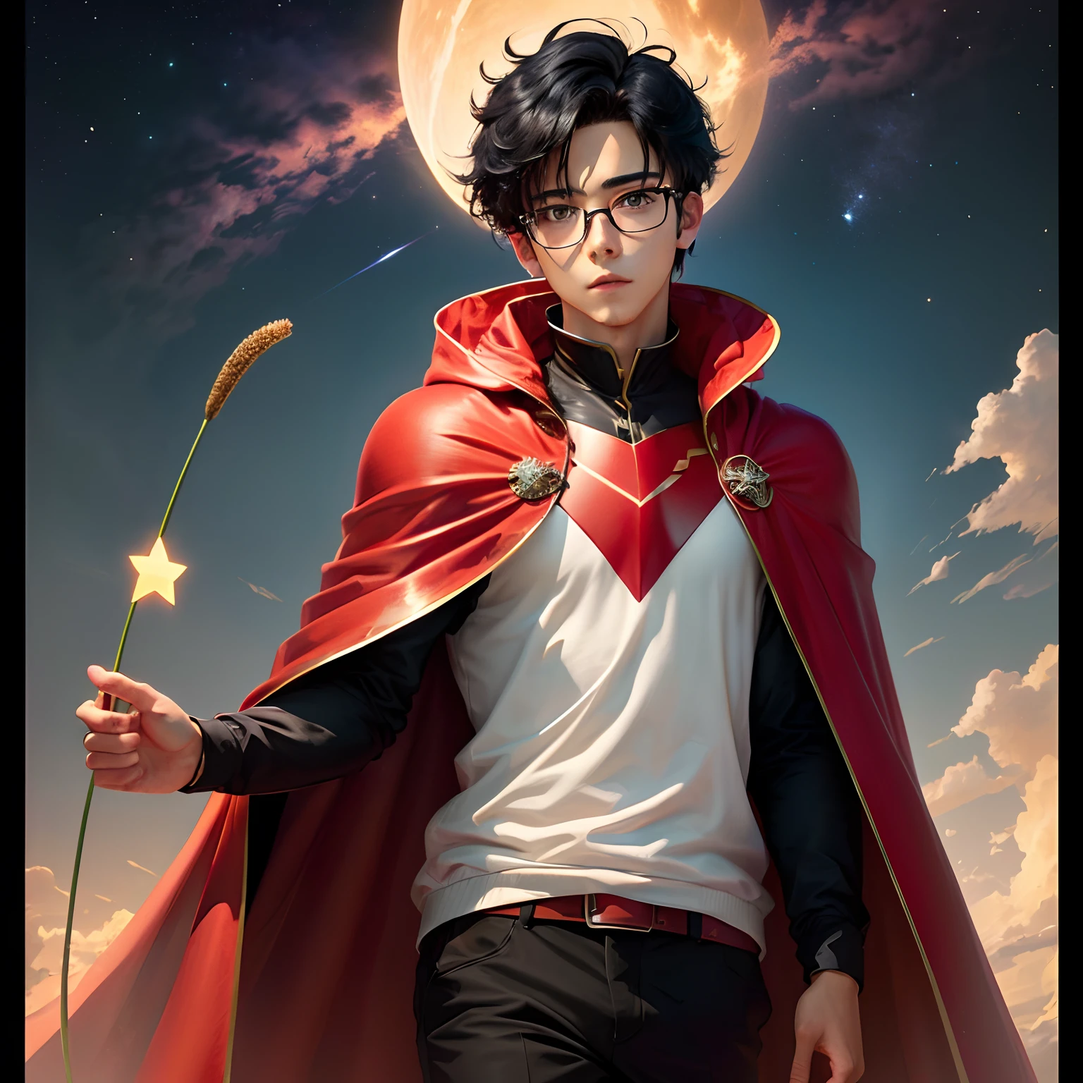 Black hair, red cape, star shaped glasses, two cat tails, jacket, HD, 2D, anime, 1boy,
