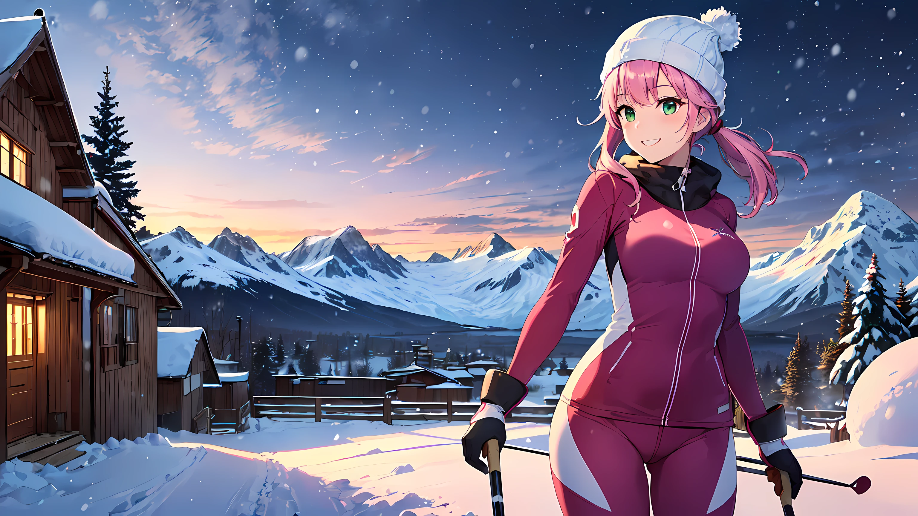 masterpiece:1.4, 1girl ((20year old, dressed in a purple tight one-piece ski suit, ski boots, medium breasts, multicolor pink hair, twin ponytails, perfect model body, green eyes:1.4, wearing a beanie, flirting, happy, big smile, standing in front of a ski lodge during the evening:1.3, snow and snowy mountains in the background:1.2)) ((snow)) ((solo:1.6)) ((evening sky))