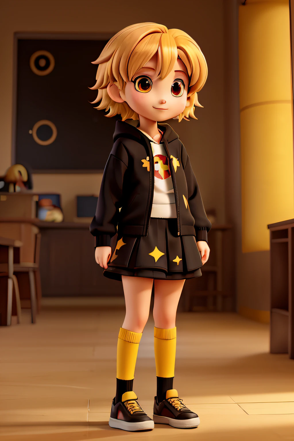 Anime character; red eyes; short blonde hair with a black round ornament with a golden border and a golden five-pointed star in the center; dark hoodie with a vibrant yellow smiley print and a yellow hood as well; black skirt and black knee-high socks with school shoes.