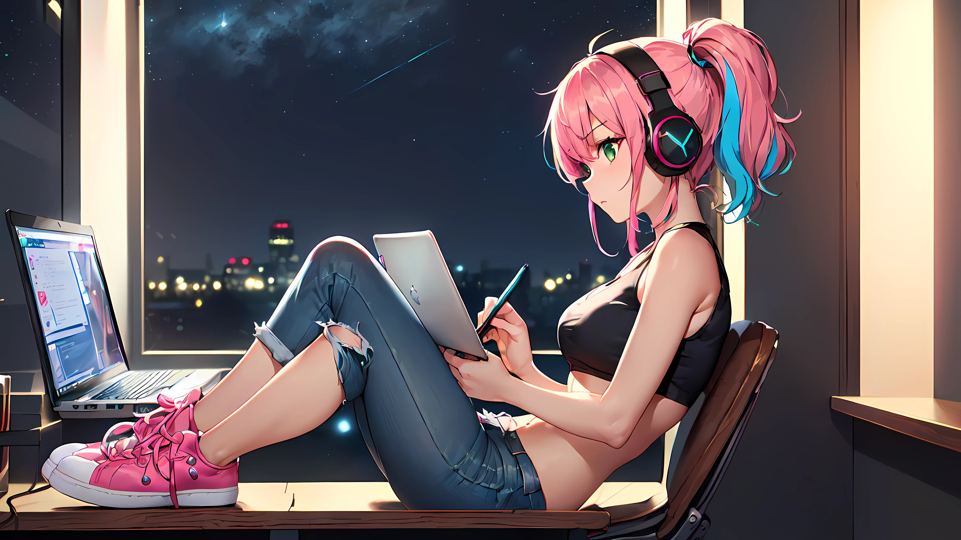 masterpiece:1.4, 1girl ((20year old, dressed in a tight crop top, tight blue jeans, sneakers, medium breasts, multicolor pink hair, twin ponytails, perfect model body, green eyes:1.4, Wearing headphones, working on a laptop in a dark room, test preparation, portrait)) Windows in background at night ((solo:1.6)) ((nighttime:1.3))