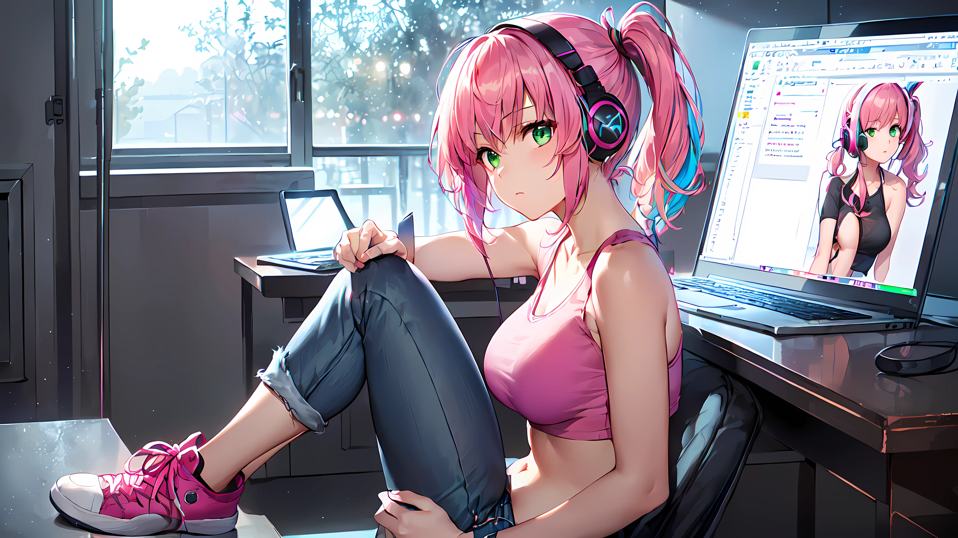 masterpiece, 1girl ((20year old, dressed in a tight red business suit, business suit jacket, tight white shirt, tight knee length business skirt1:2, high heels, medium breasts, multicolor pink hair, twin ponytails, perfect model body, green eyes:1.5, flirting, happy, big smile, wearing headphones, sitting in a modern business office suite:1.2, with windows in the background:1.3, professional and casual atmosphere:1.2)) ((solo:1.6))