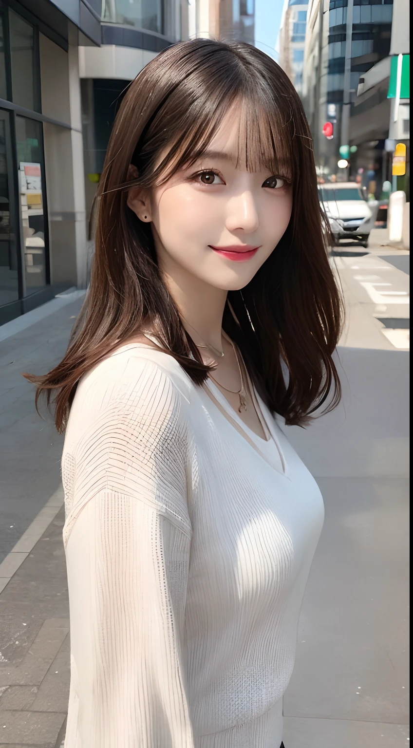 table top, highest quality, shape, Super detailed, finely, High resolution, 8k wallpaper, 完璧なダイナミックな構shape, beautiful and detailed eyes,ランダムなcute髪,,natural color lip, bold sexy pose,smile、20 year old girl、cute、look at the camera,Always blur the background,perfect and beautiful face,slim face and style,Big eyes、Do gal makeup,small face,shot from below、smile,Blurred background of Tokyo station interior,Sheer White Blouse、flare skirt、Please be serious about being cute
